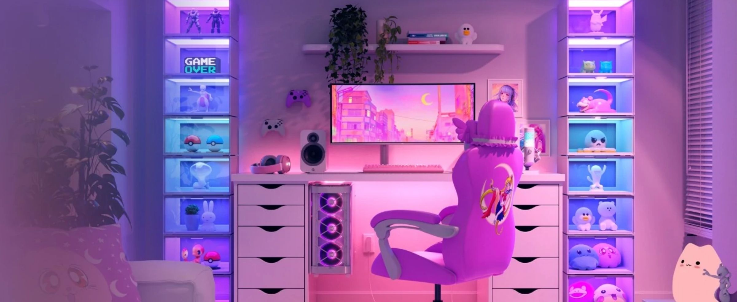 A colorful gaming and streaming setup with LED-lit shelves displaying collectible toys, a pink gaming chair, and a vibrant desk arrangement.