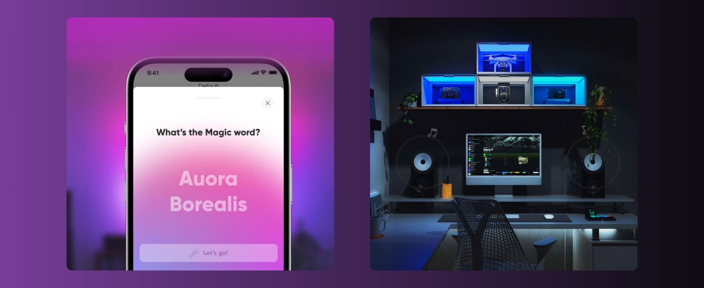 Smartphone screen displaying a setup wizard for smart LED lights. User is prompted to enter the magic word 'Aurora Borealis' to proceed with the setup.