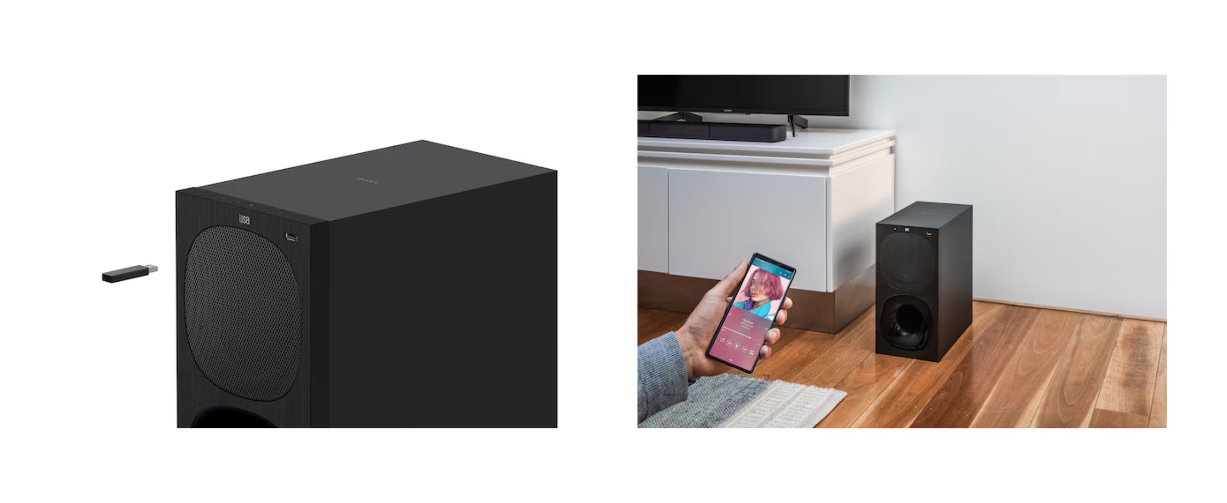 A soundbar with subwoofer connected via a wireless dongle.