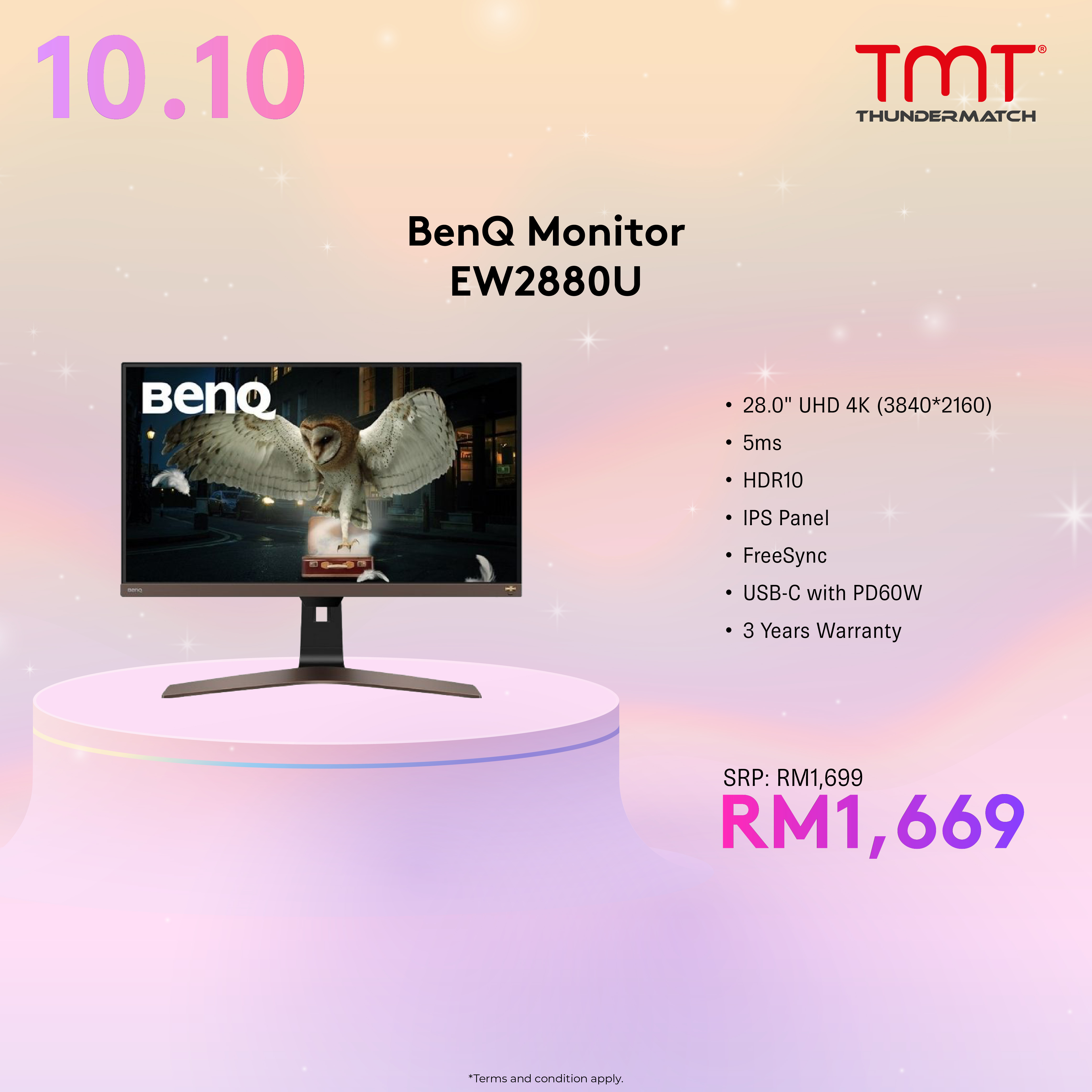 BenQ Monitor EW2880U UHD 4K HDR 28" | 5ms | IPS Panel/HDR10 | HDMI*2/DP/USB-C | VESA/SPK/FreeSync | 3 Years Onsite Warranty