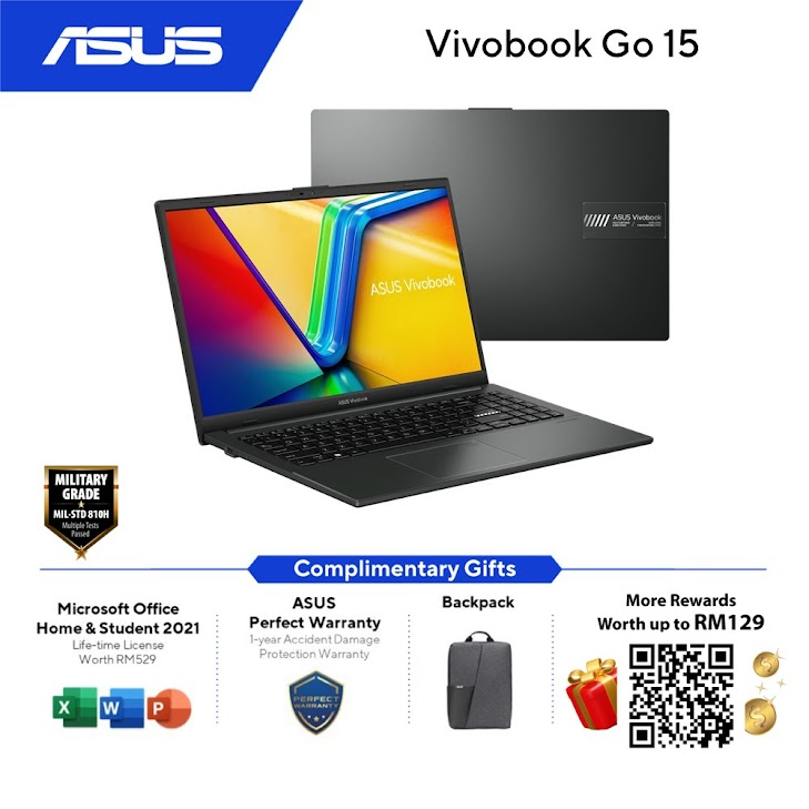 ASUS VivoBook Go 15 E1504F-ABQ469WS/ABQ470WS/ABQ471WS Laptop (Silver/Green/Black) | AMD Ryzen 5-7520U | 16GB RAM 512GB SSD | 15.6''FHD | AMD Radeon | MS Office H&S 2021 | Win11 | 2Y Warranty