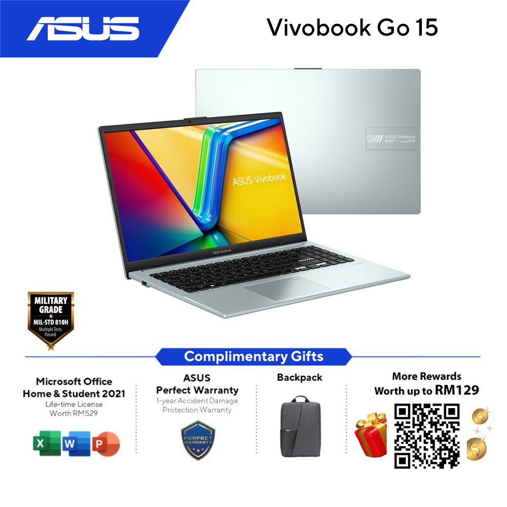 ASUS VivoBook Go 15 E1504F-ABQ469WS/ABQ470WS/ABQ471WS Laptop (Silver/Green/Black) | AMD Ryzen 5-7520U | 16GB RAM 512GB SSD | 15.6''FHD | AMD Radeon | MS Office H&S 2021 | Win11 | 2Y Warranty