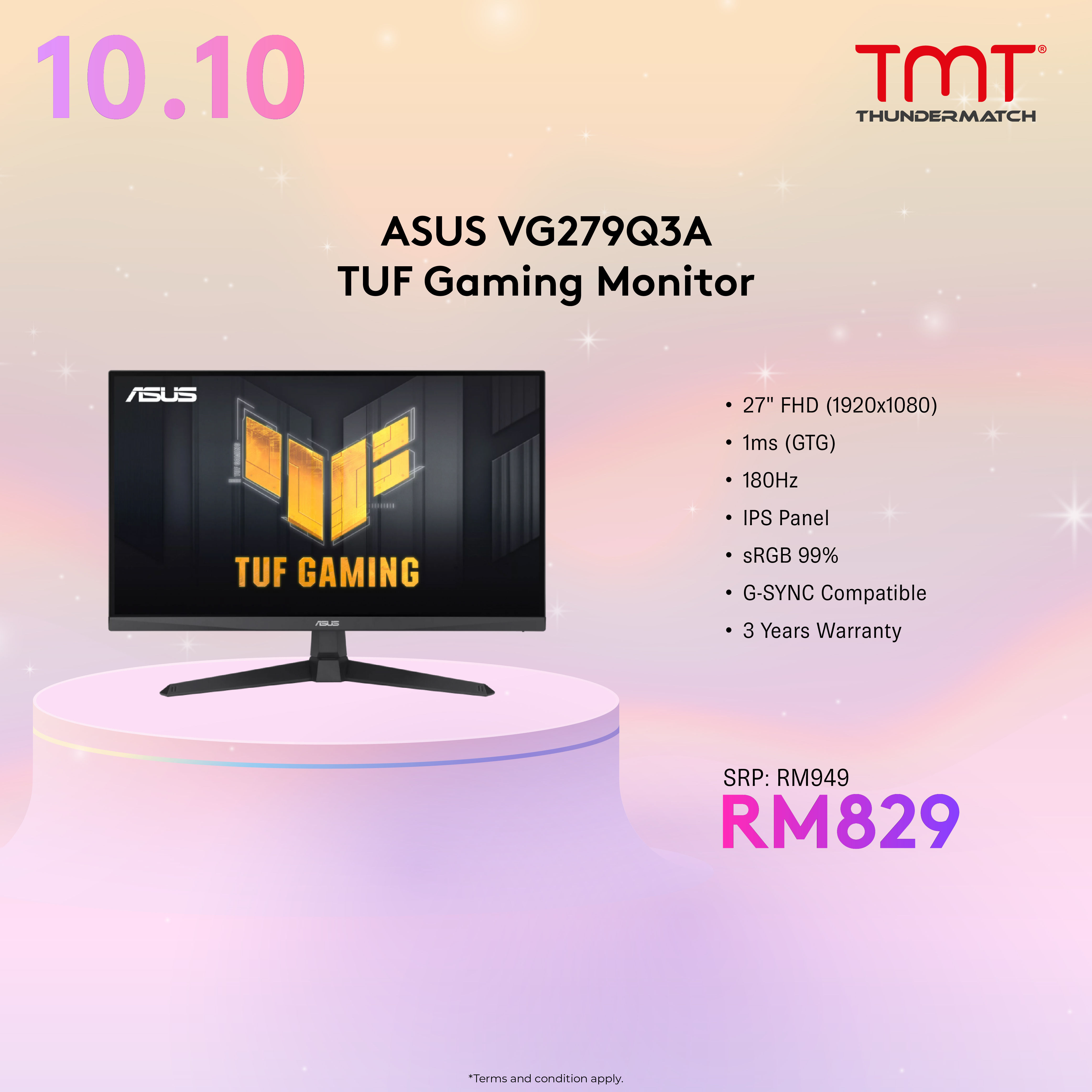 Asus VG279Q3A TUF Gaming Monitor 27" | 1ms | FHD / 180Hz | IPS Panel | HDMI / DP | Speaker | sRGB 99% | 3 Years Warranty