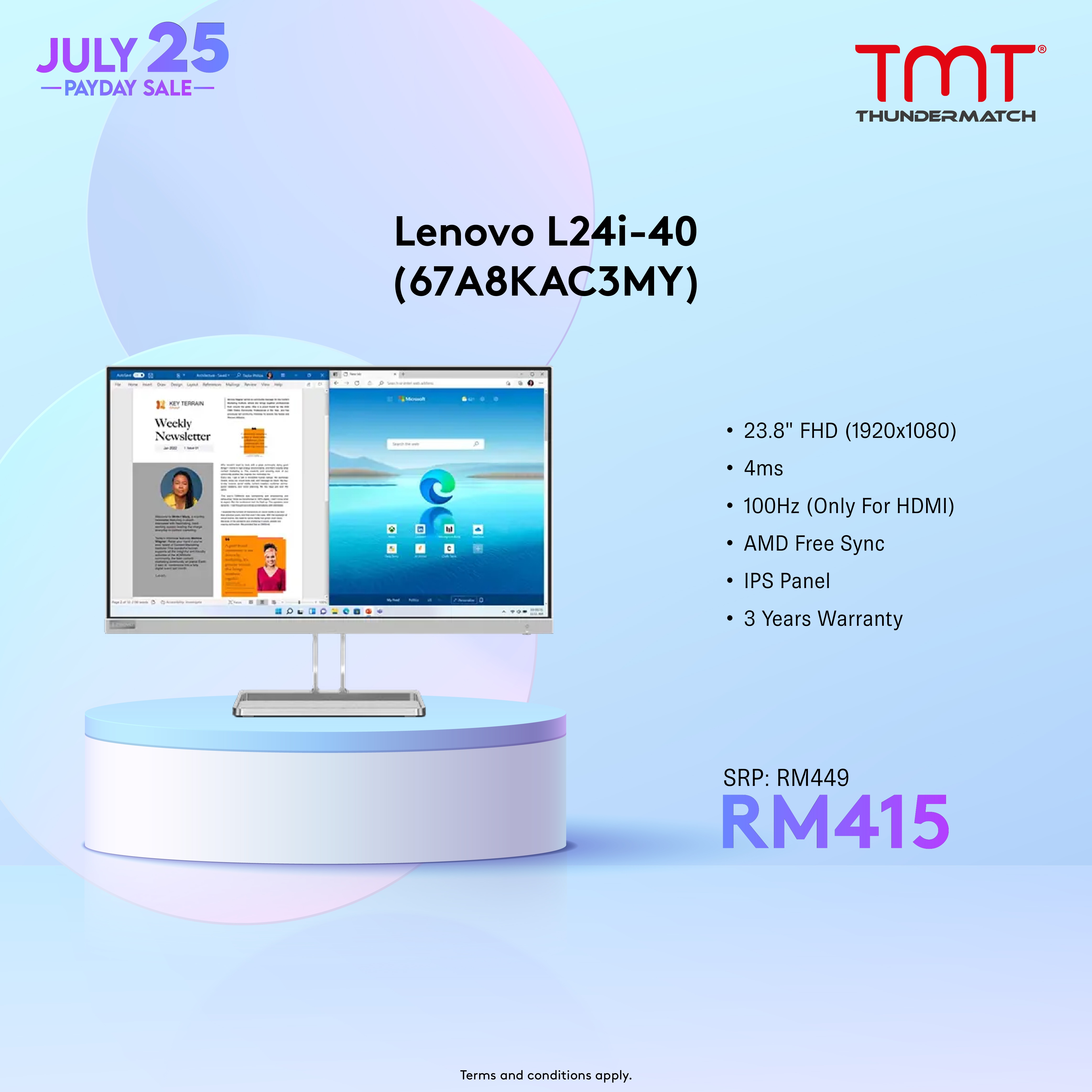 Lenovo L24i-40 (67A8KAC3MY) 23.8" monitor | 4ms | 100Hz | FHD(1920x1080) | IPS Panel | VGA & HDMI | Speaker 3wx2 | AMD Free Sync | VESA (100mm) | 3Y Warranty