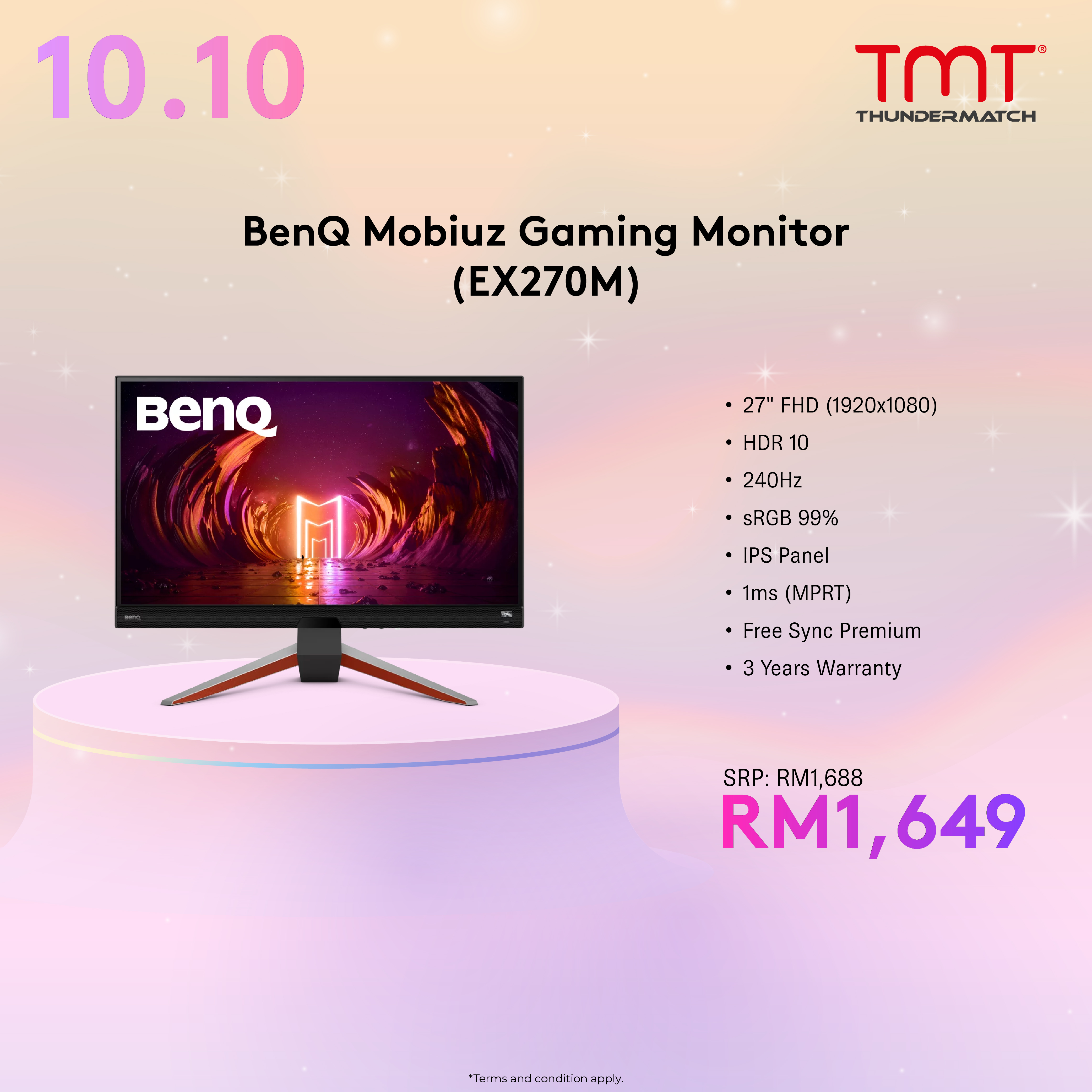 BenQ Mobiuz EX270M Gaming Monitor | 27 " | 1ms(MPRT) | IPS | 1920x1080 (FHD)(240Hz) | HDR10 | sRGB 99% | HDMI & DP | Build in Speaker | Flicker-free & Low Blue Light | Height Adjustable | Free Sync Premium | 3Y Warranty