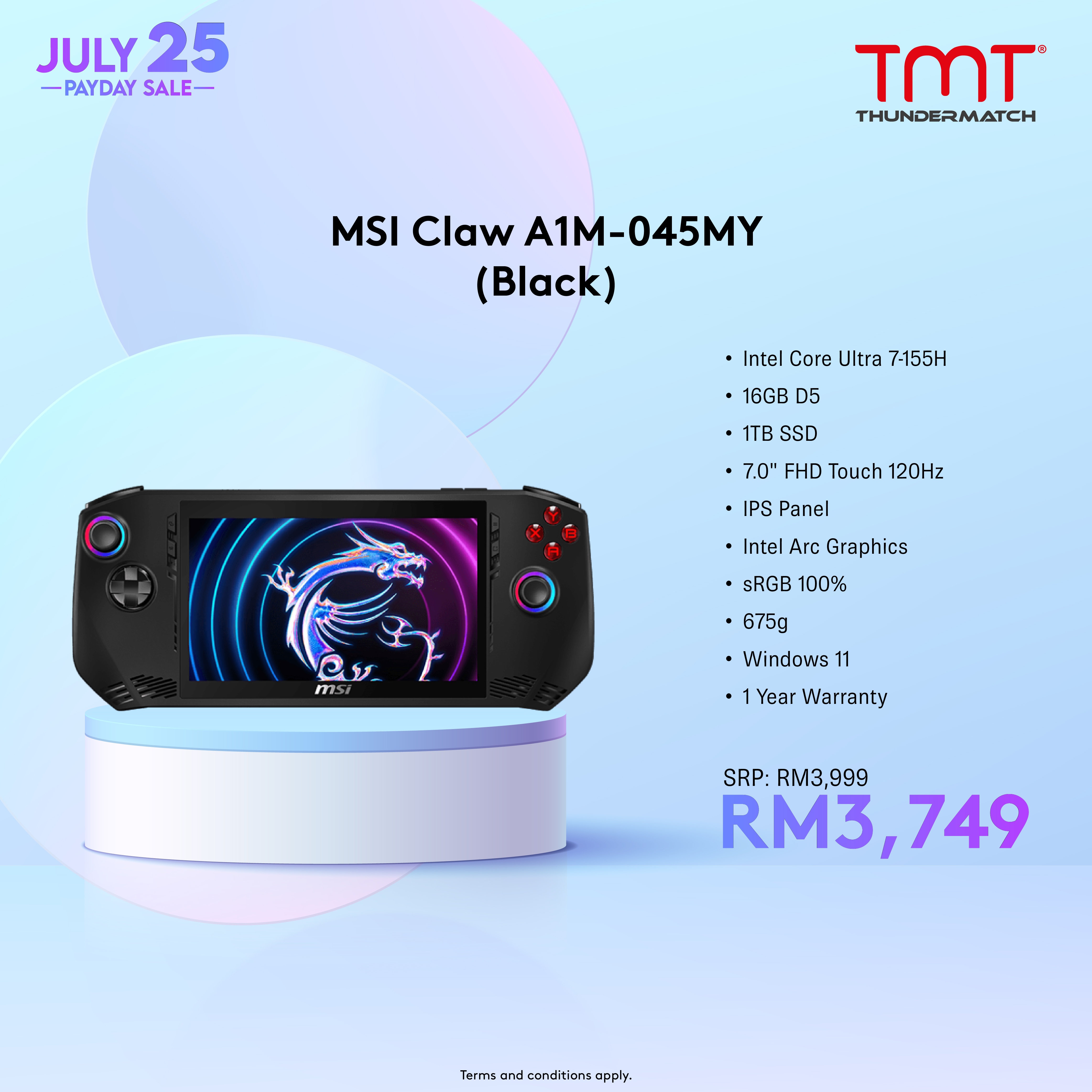 MSI Claw A1M Window Gaming Console | Intel Ultra 5-135H/ Ultra 7-155H | 16GB DDR5 | 512GB/ 1TB SSD | 7.0" FHD Touch (120Hz) | IPS Panel | Intel Arc Graphics | Win11 | 1Y Warranty