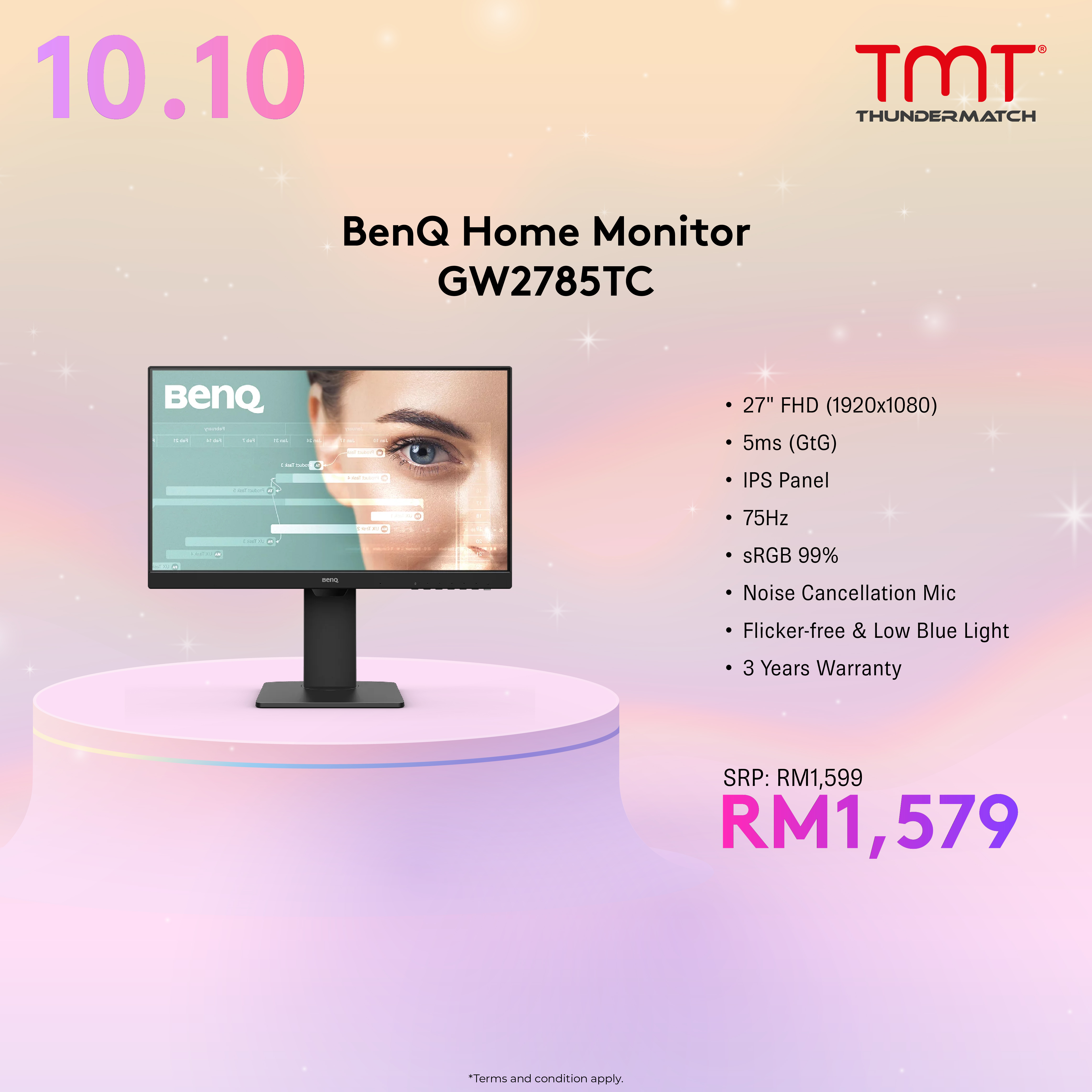 BenQ Home Monitor GW2785TC | 27" | 5ms(GtG) | IPS Panel | 1920x1080 (FHD)(75Hz) | sRGB 99% | HDMI & DP | Build in Speaker | Flicker-free & Low Blue Light | Height Adjustable stand | VESA | 3Y Warranty