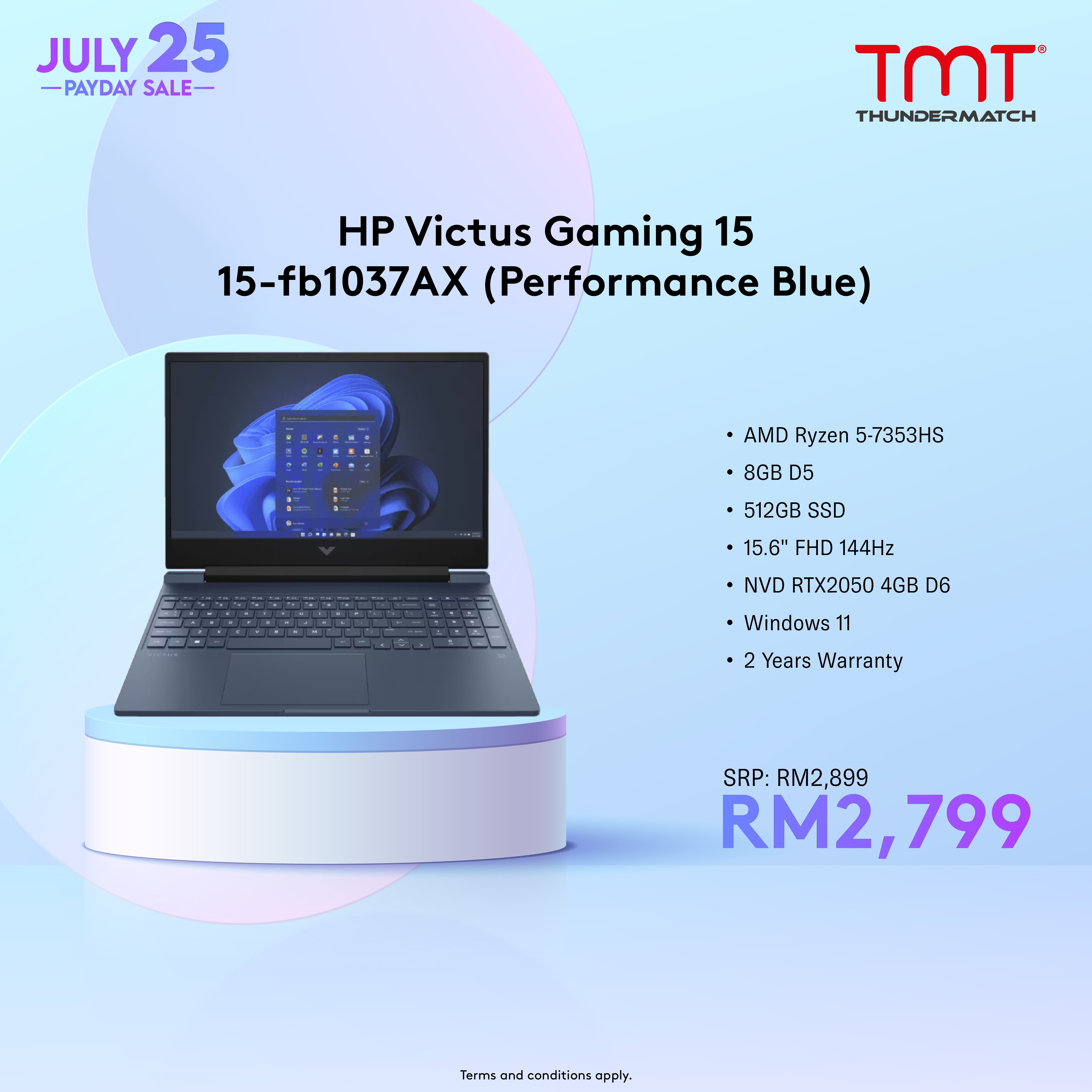 HP Victus Gaming 15-fb1037AX/fb1038AX Gaming Laptop | AMD Ryzen 5-7353HS | 8GB RAM 512GB SSD | 15.6" FHD(1920x1080) 144Hz | RTX2050 4GB | Win11 | 2Y Warranty