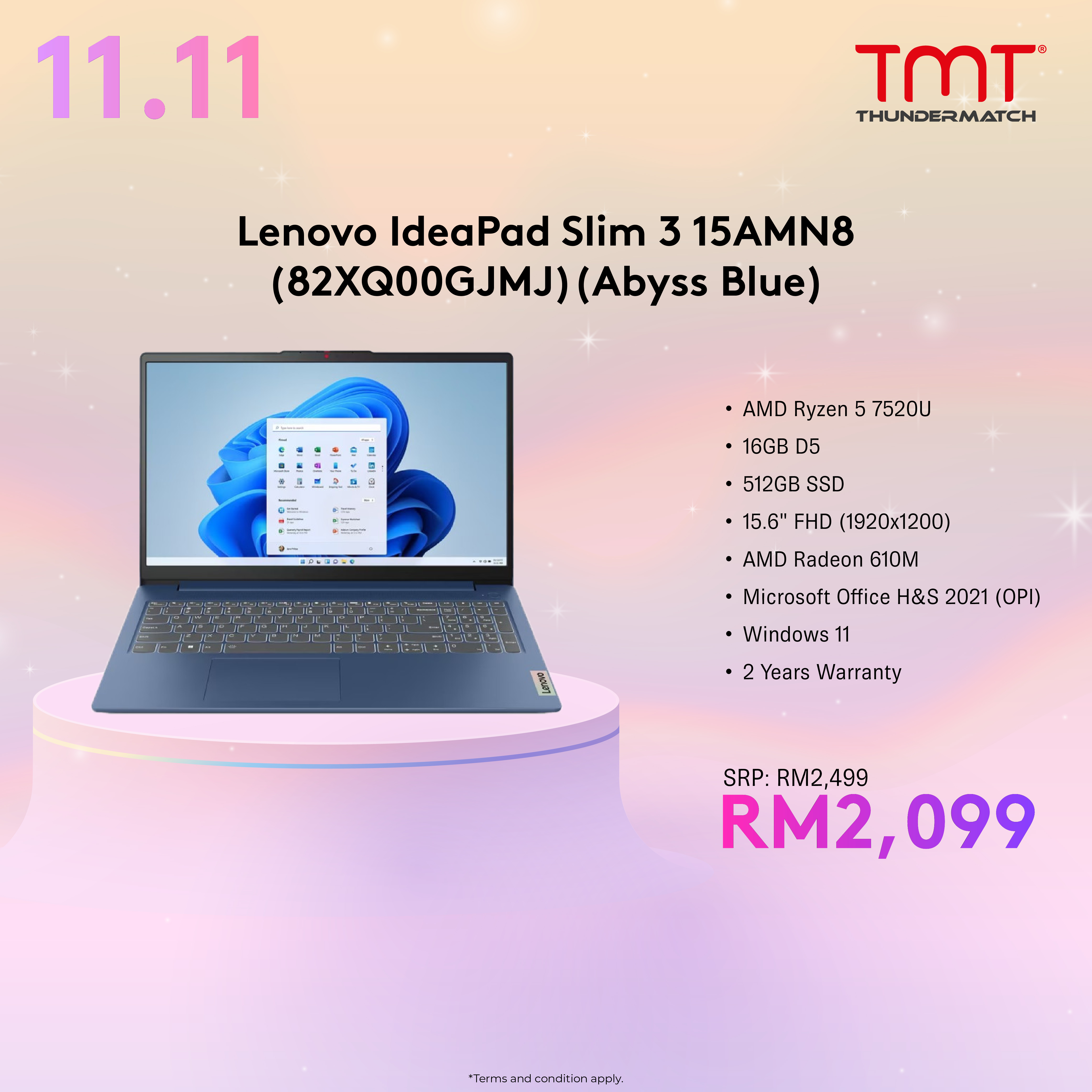 Lenovo IdeaPad Slim 3 15AMN8 (82XQ00GJMJ/82XQ00GLMJ) | AMD Ryzen 5 7520U | 16GB RAM 512GB SSD | 15.6" FHD(1920x1080) | AMD Radeon 610M | MS Office H&S 2021 | Win11 | 2Y Warranty