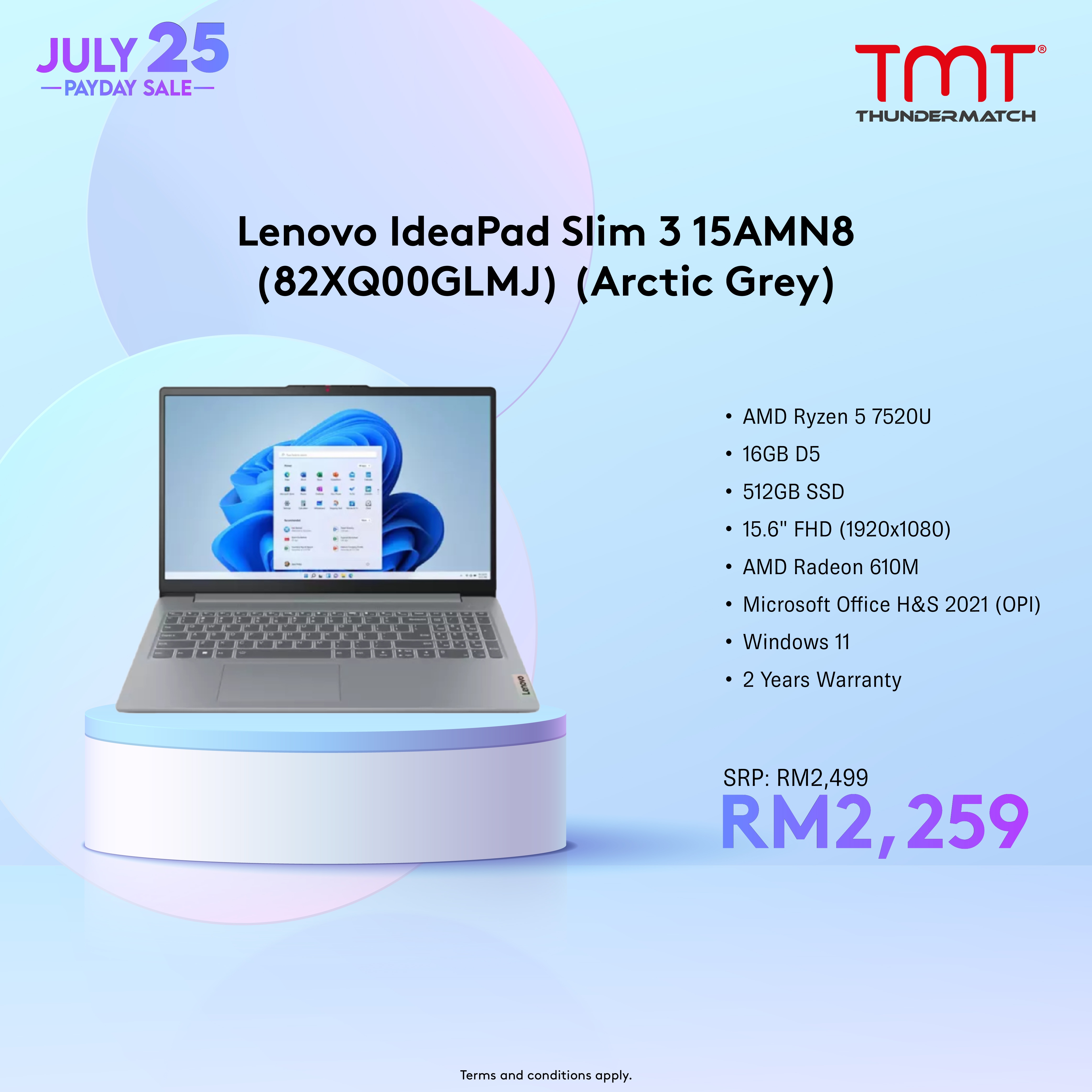 Lenovo IdeaPad Slim 3 15AMN8 (82XQ00GJMJ/82XQ00GLMJ) | AMD Ryzen 5 7520U | 16GB RAM 512GB SSD | 15.6" FHD(1920x1080) | AMD Radeon 610M | MS Office H&S 2021 | Win11 | 2Y Warranty