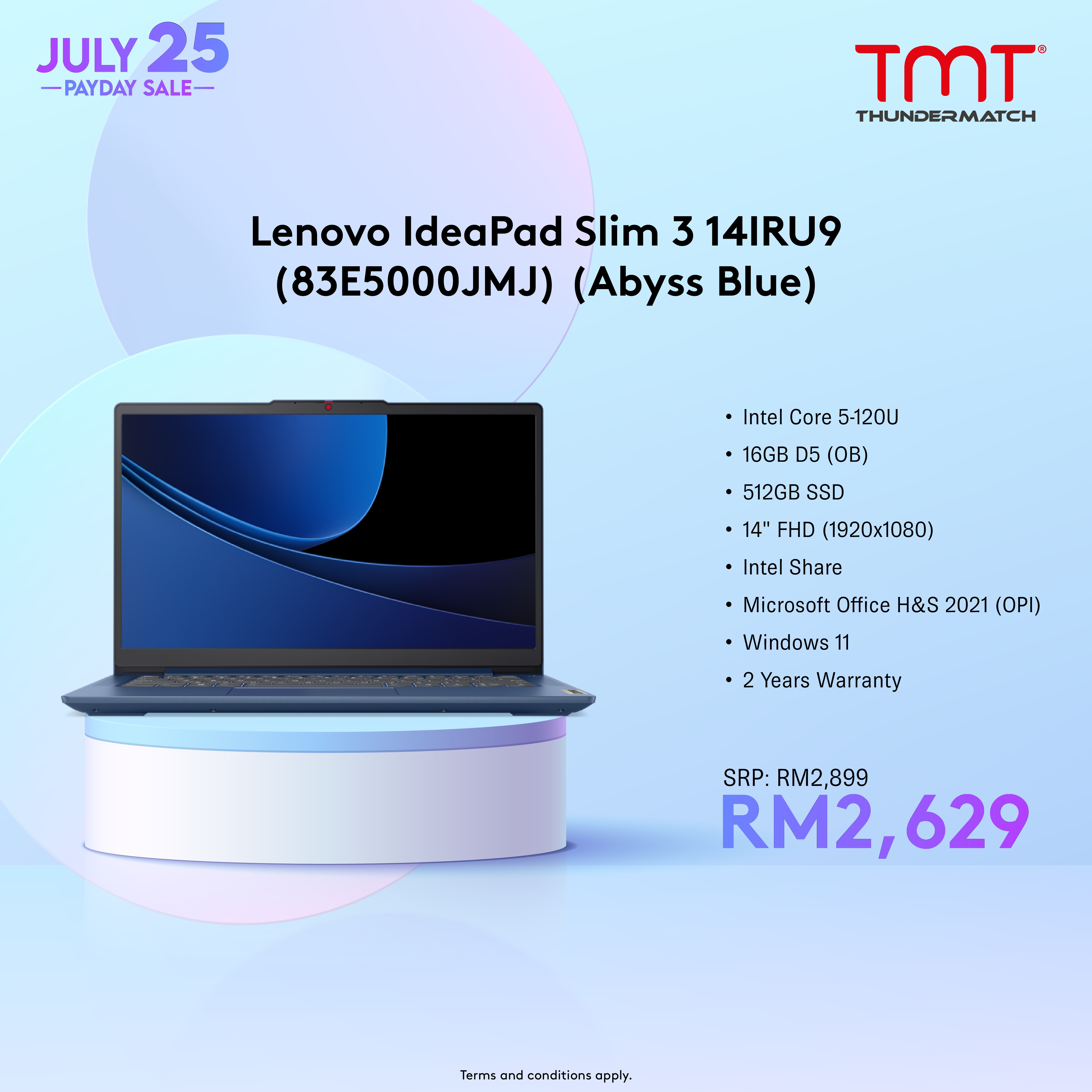 Lenovo IdeaPad Slim 3 14IRU9 (83E5000JMJ/83E5000KMJ) | Intel Core 5-120U | 16GB RAM 512GB SSD | 14" FHD(1920x1080) | Intel Share | MS Office H&S 2021 | Win11 | 2Y Warranty