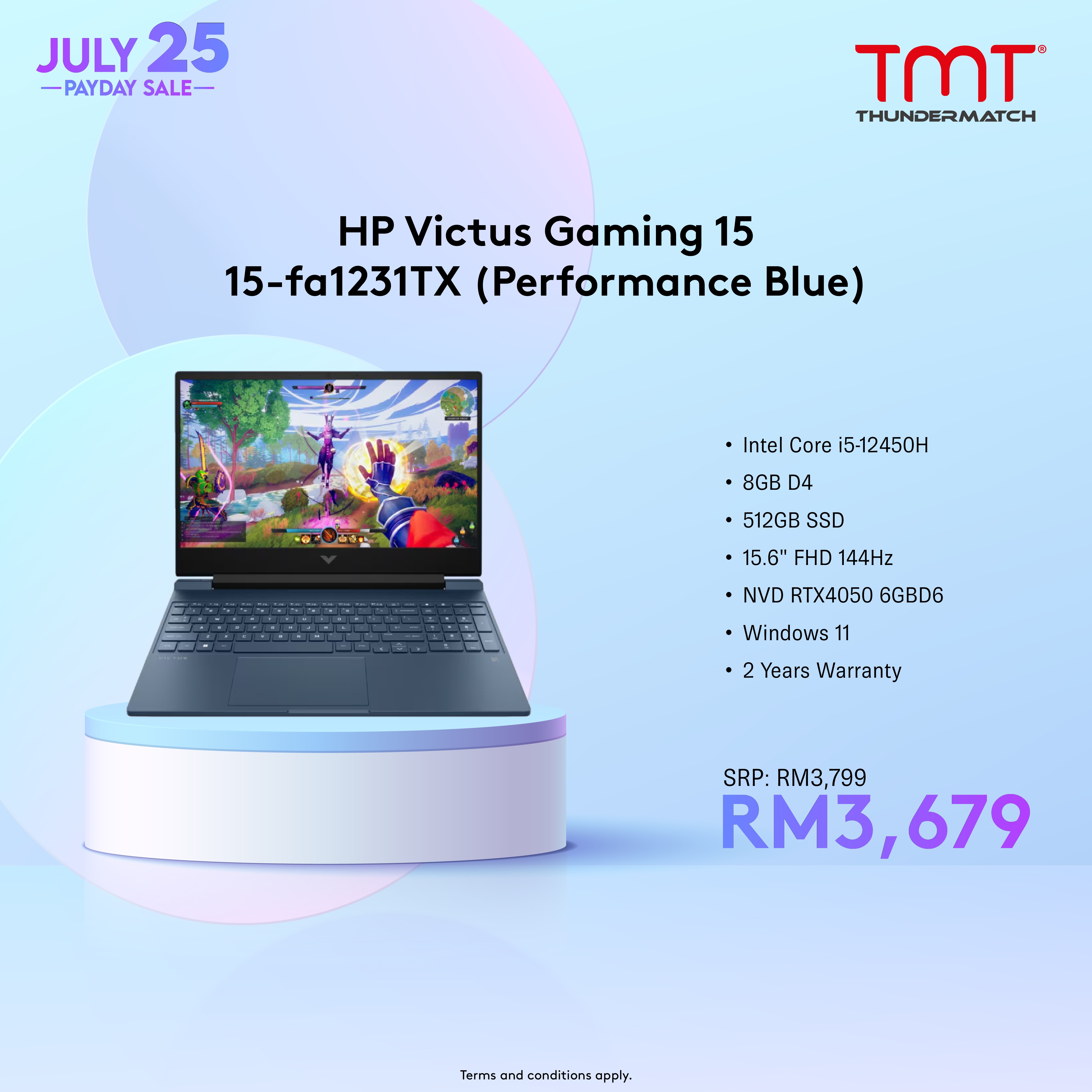 HP Victus Gaming 15-fa1231TX/fa1232TX Laptop | i5-12450H | 8GB RAM 512GB SSD | 15.6" FHD(1920x1080)(144Hz) | RTX4050 | Win11 | 2Y Warranty