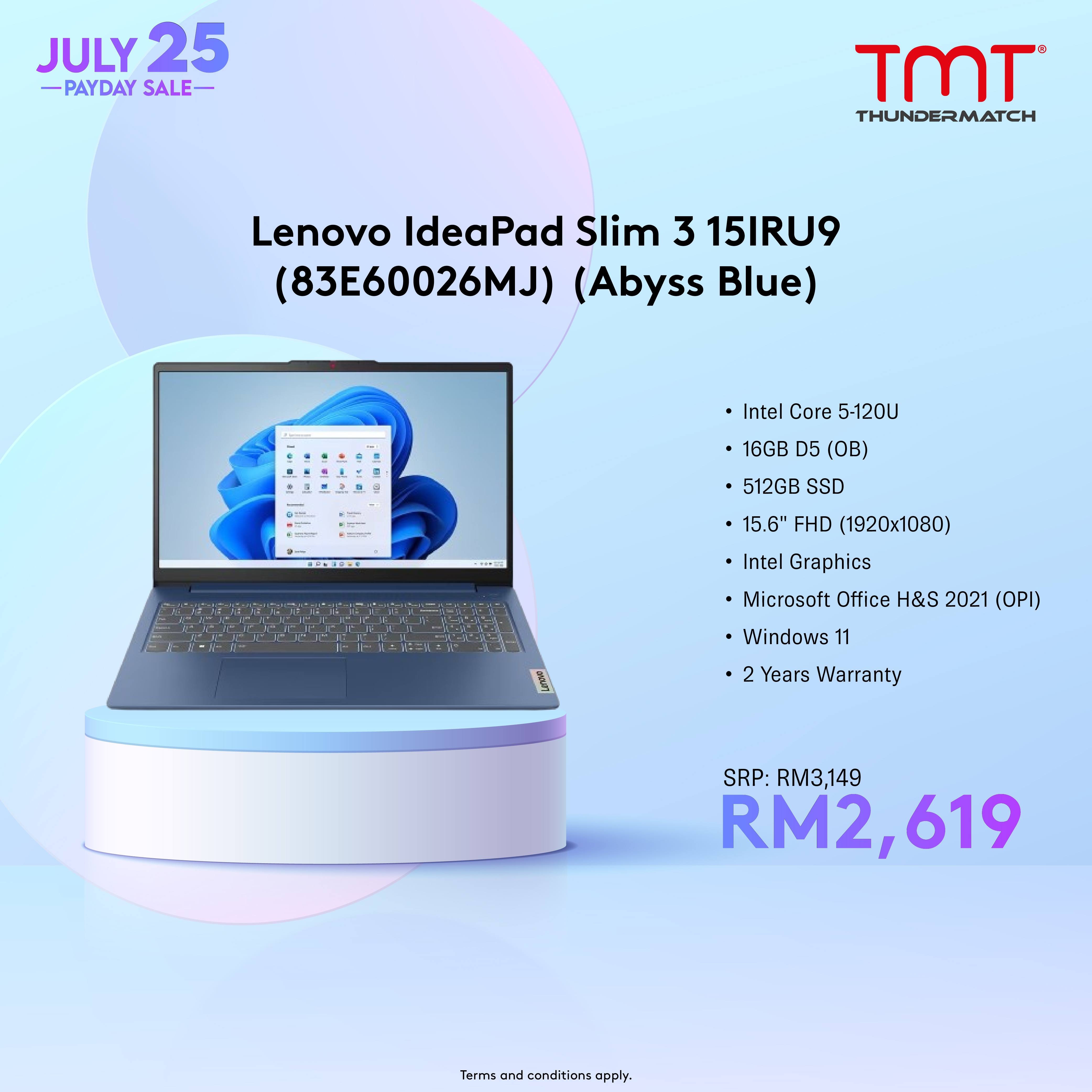 Lenovo IdeaPad Slim 3 15IRU9 (83E60026MJ/83E60027MJ) | Intel Core 5-120U | 16GB RAM 512GB SSD | 15.6" FHD(1920x1080) | Intel Graphics | MS Office H&S 2021 | Win11 | 2Y Warranty