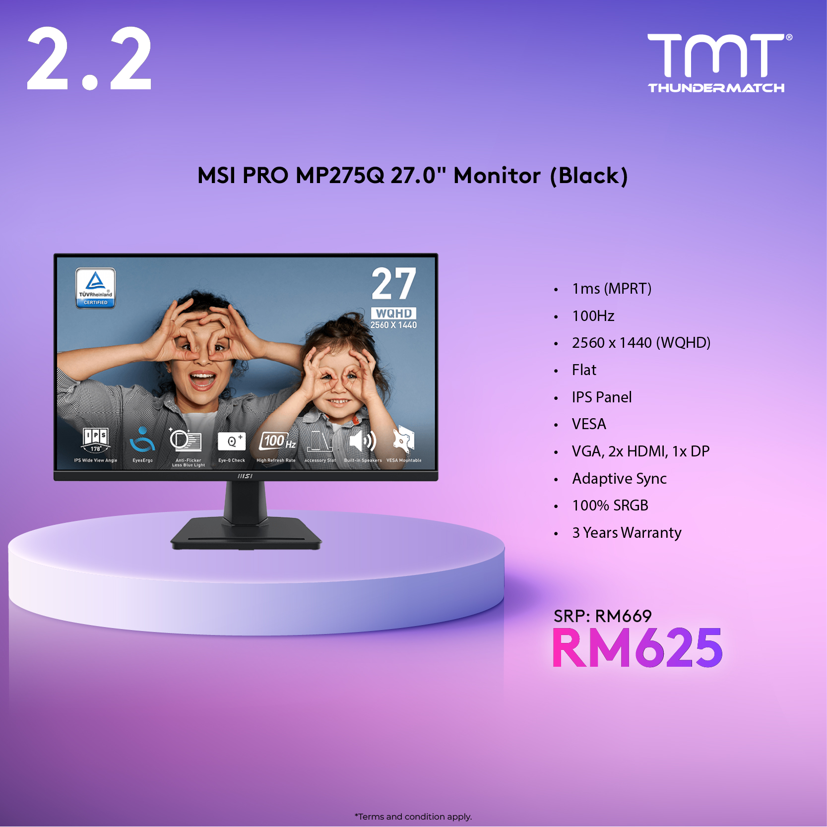 MSI PRO MP275Q 27.0" Monitor | 1ms (MPRT) | 100Hz | 2560x1440 (WQHD) | Flat | IPS Panel | VESA | HDMI&DP | Adaptive Sync | 100% SRGB | 3Y Warranty