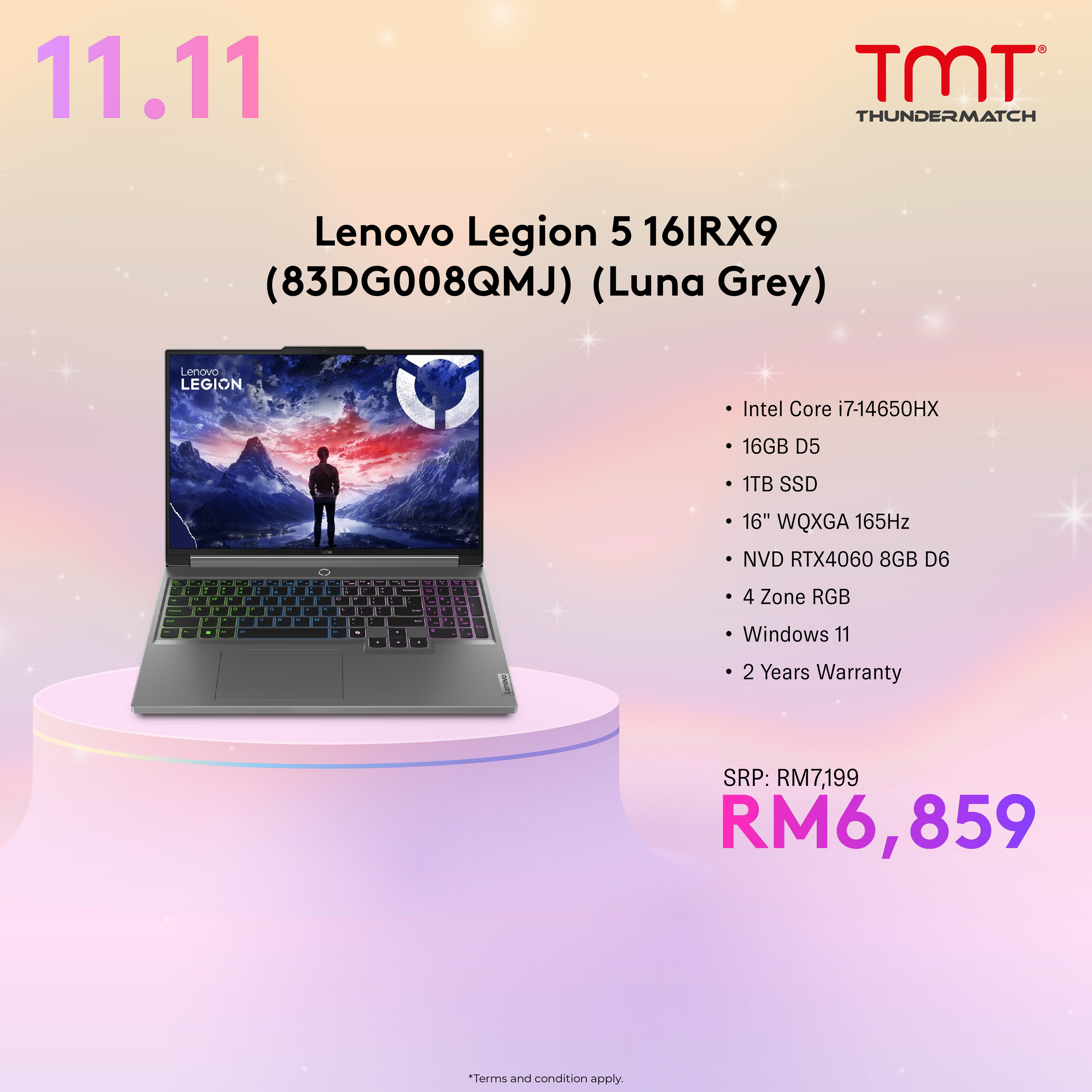 Lenovo Legion 5 16IRX9 (83DG008QMJ) Gaming Laptop | i7-14650HX | 16GB RAM 1TB SSD | 16" WQXGA(2560x1600) 165Hz | RTX4060 8GB | 4 Zone RGB | Win11 | 2Y Warranty