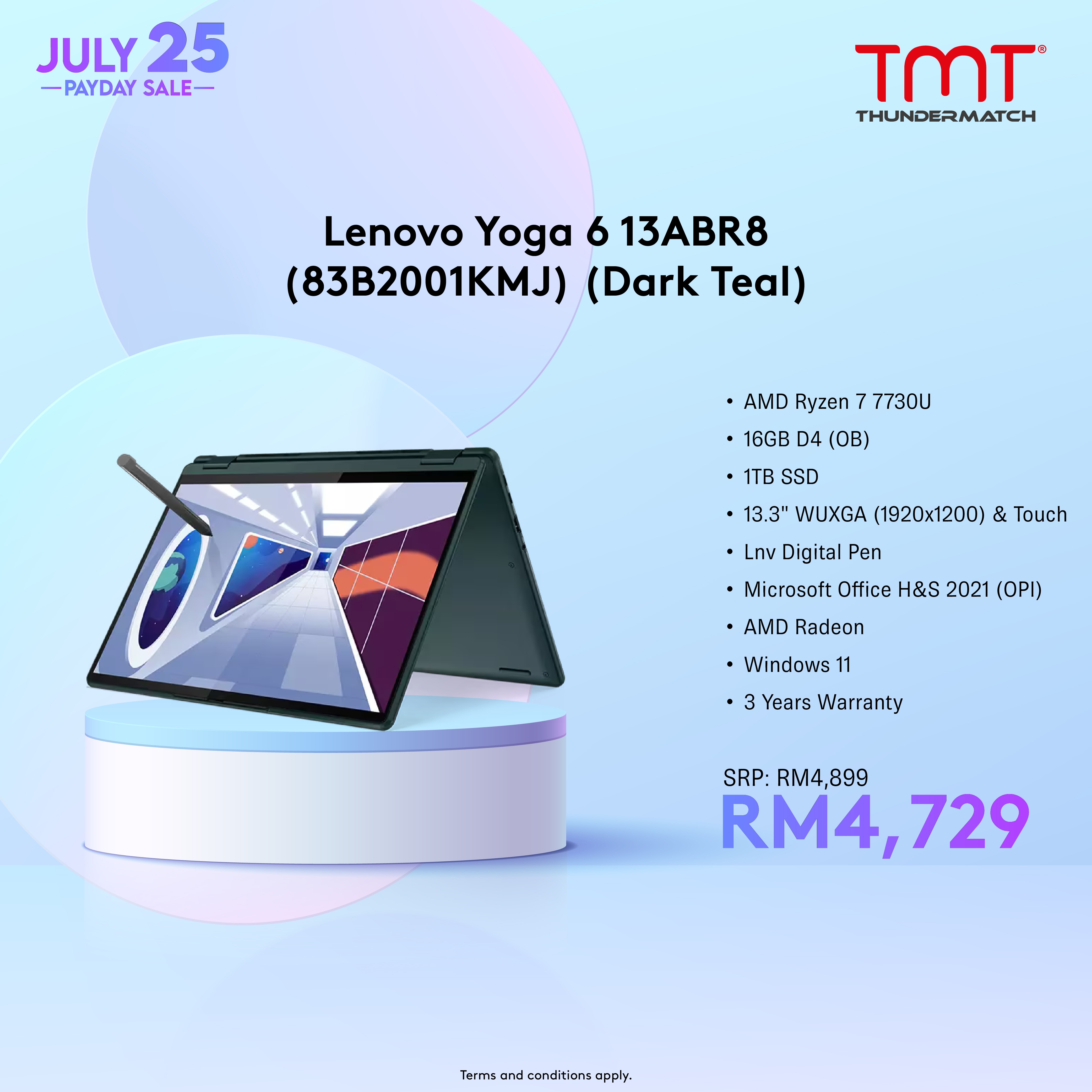 Lenovo Yoga 6 13ABR8 (83B2001KMJ) 2-in-1 Laptop | AMD Ryzen 7 7730U | 16GB RAM 1TB SSD | 13.3" WUXGA(1920x1200) Touch | AMD Radeon | MS Office H&S 2021 | Win11 | 3Y Warranty