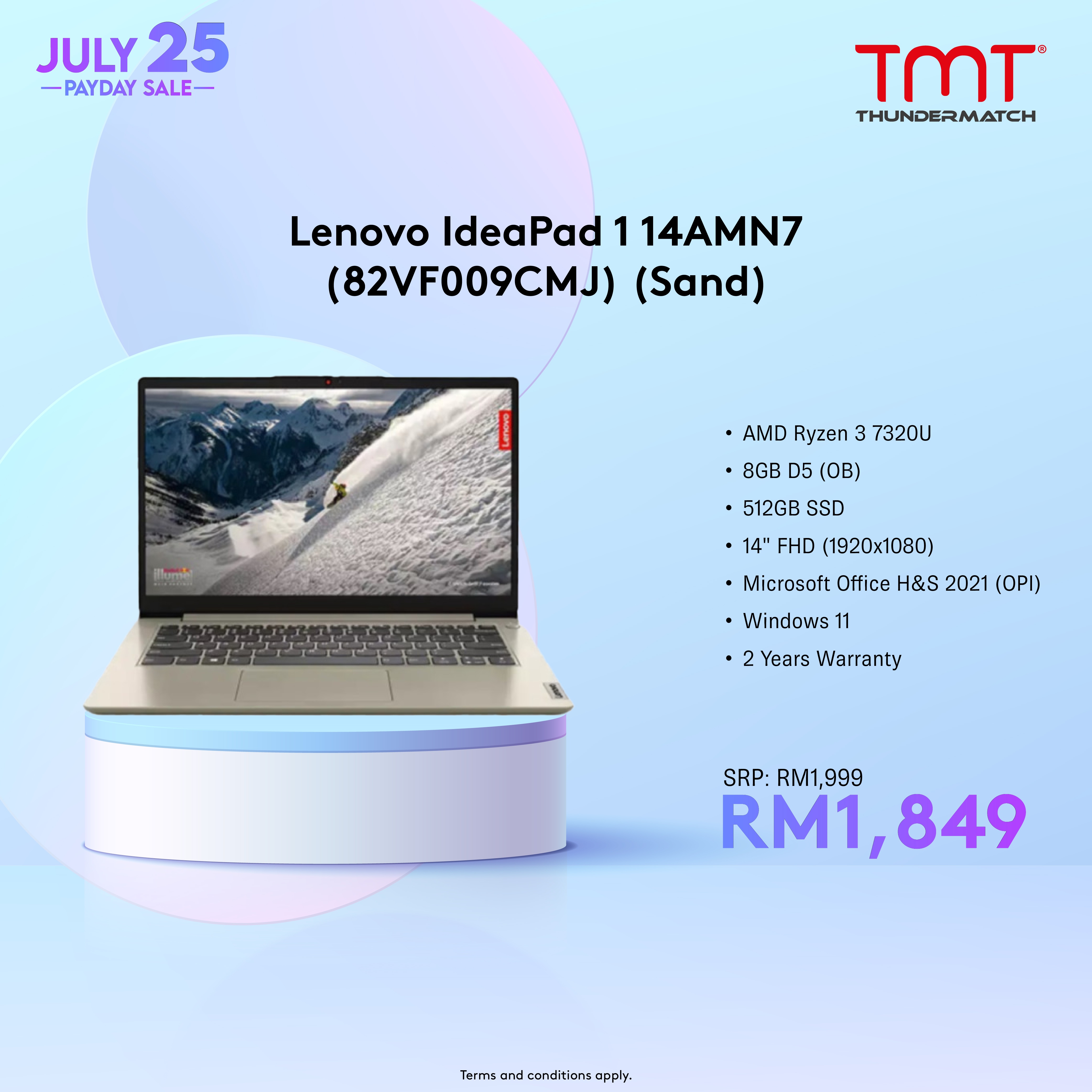 Lenovo IdeaPad 1 14AMN7 (82VF0099MJ/82VF009CMJ) Laptop | AMD Ryzen 3 7320U | 8GB RAM 512GB SSD | 14" FHD(1920x1080) | MS Office H&S 2021 | Win11 | 2Y Warranty