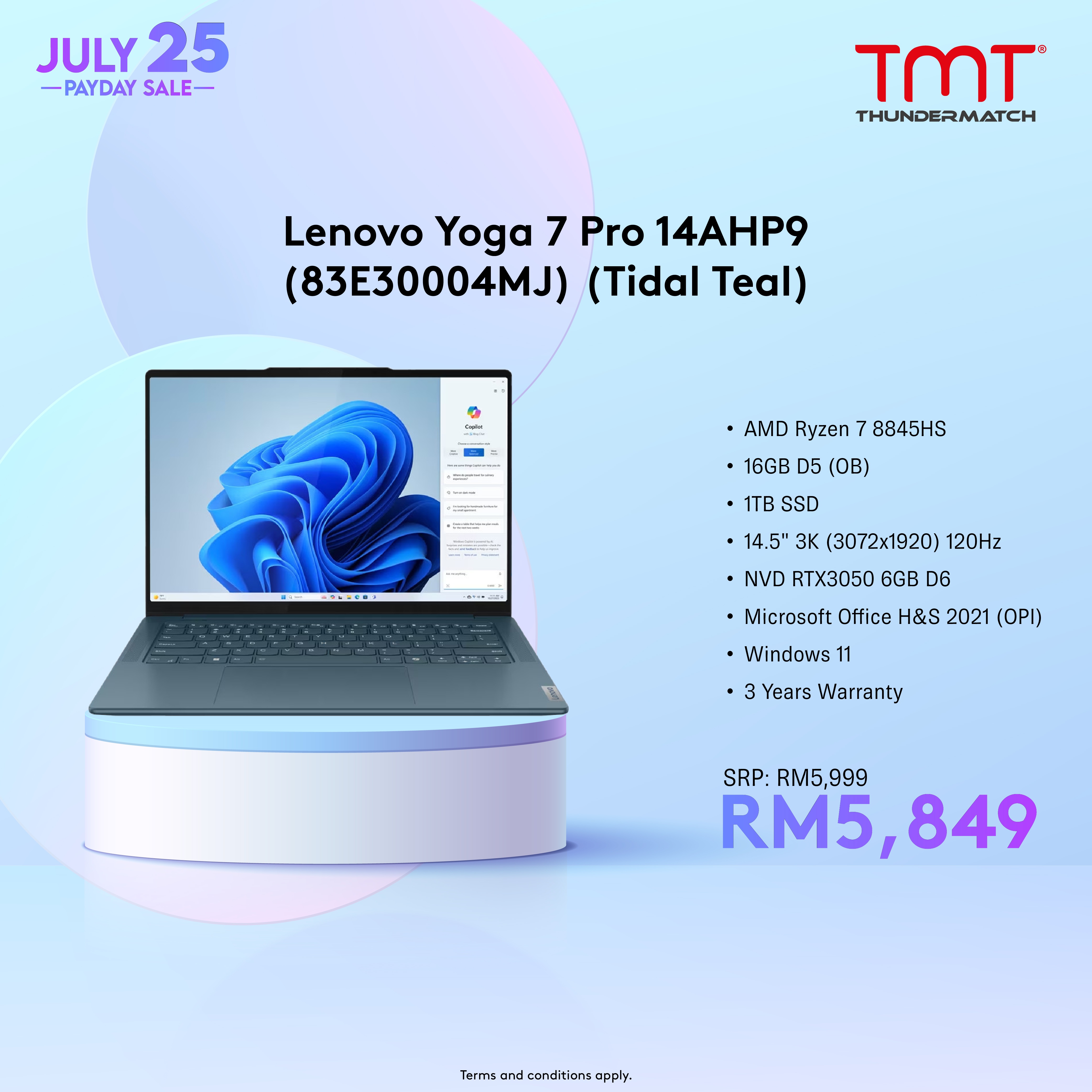 Lenovo Yoga 7 Pro 14AHP9 (83E30003MJ/83E30004MJ) Laptop | AMD Ryzen 7-8845HS | 16GB RAM 1TB SSD | 14.5" 3K (3072x1920) 120Hz | RTX3050 6GBD6 | MSOffice H&S 2021 | Win11 | 3Y Warranty