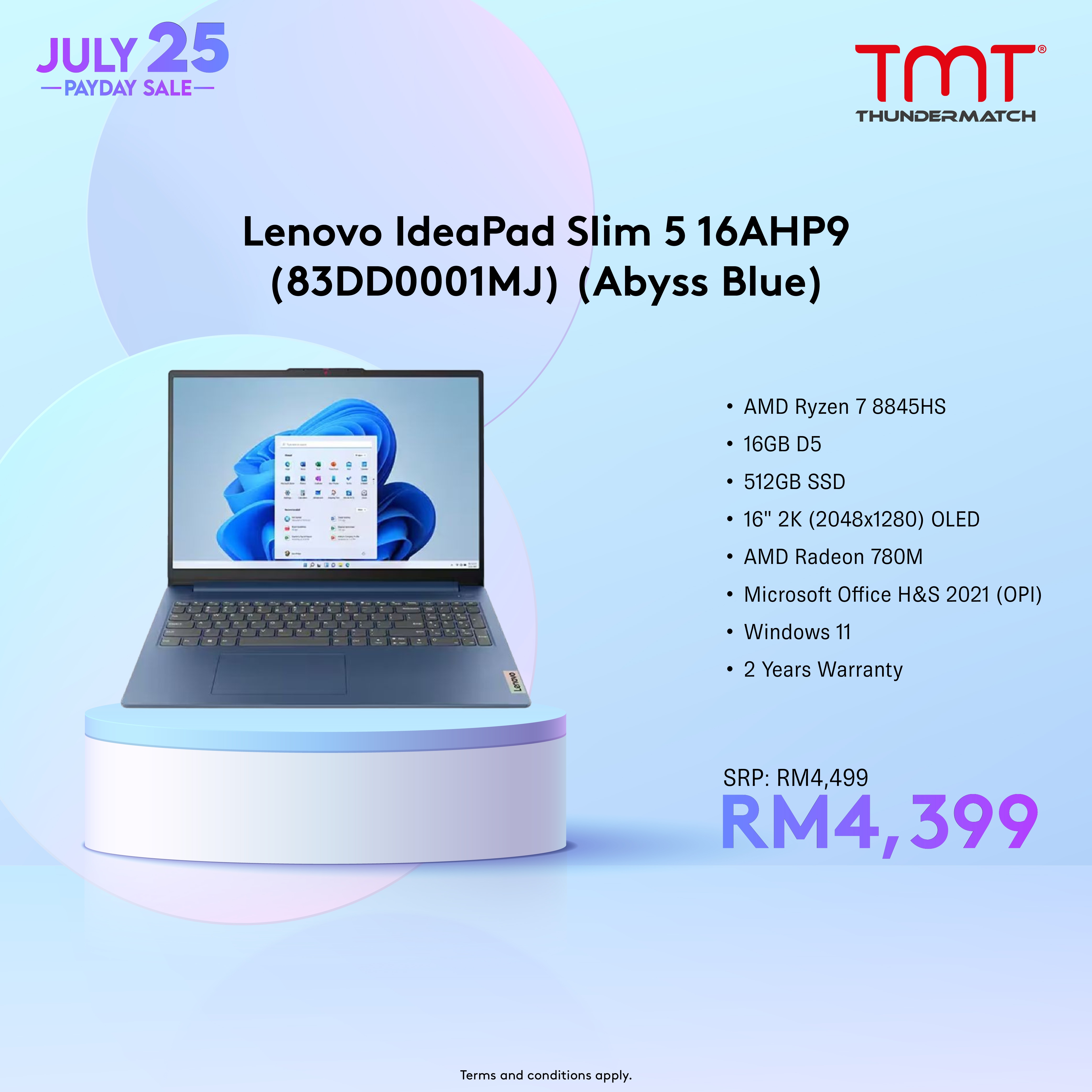 Lenovo IdeaPad Slim 5 16AHP9 (83DD0001MJ) Laptop | AMD Ryzen 7-8845HS | 16GB RAM 512GB SSD | 16" 2K (2048x1280) OLED | AMD Radeon 780M | MS Office H&S 2021 | Win11 | 2Y Warranty