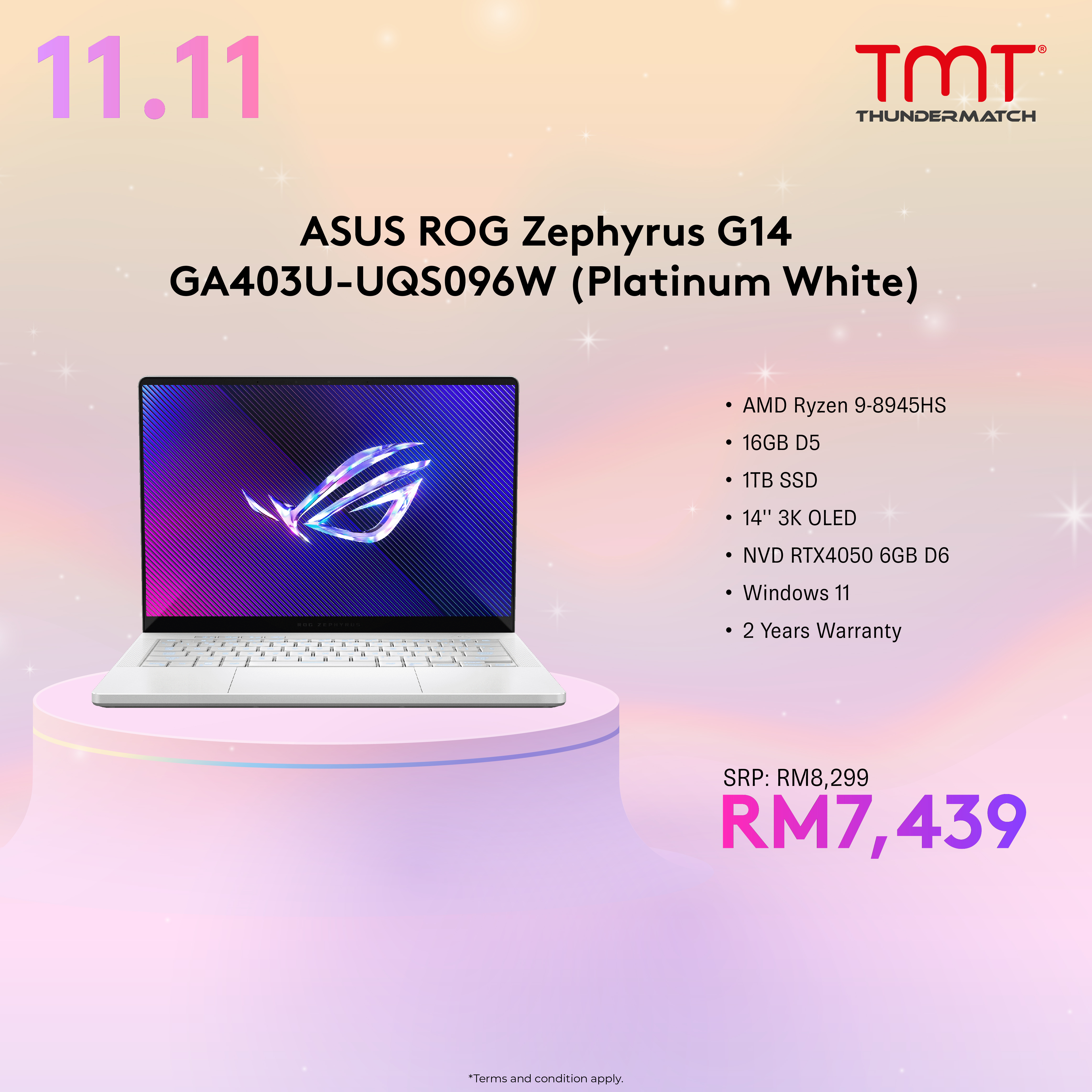 Asus ROG Zephyrus G14 GA403U-UQS096W Gaming Laptop | AMD Ryzen 9-8945HS | 16GB RAM 1TB SSD | RTX4050 6GB | 14'' 3K OLED | Win11 | 2Y Warranty | (G14 Sleeve+100w Type C AC Adapter)