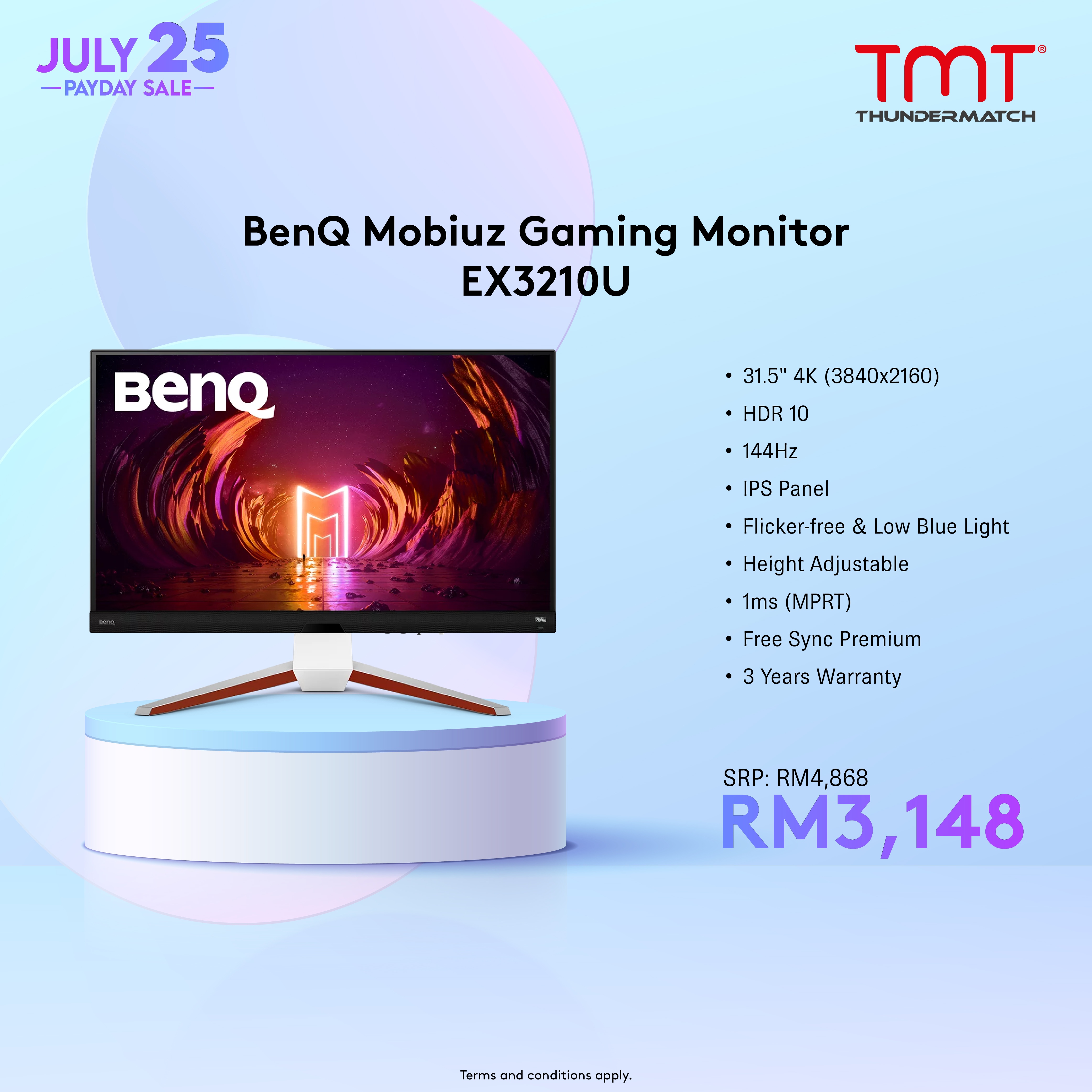 BenQ Mobiuz Gaming Monitor EX3210U | 31.5 " | 1ms(MPRT) | IPS Panel | 3840x2160 (4K)(144Hz) | HDR10 | DCI-P3 98% | HDMI & DP & USB-B | Flicker-free & Low Blue Light | Height Adjustable | Free Sync Premium | Vesa 100x100 | 3Y Warranty
