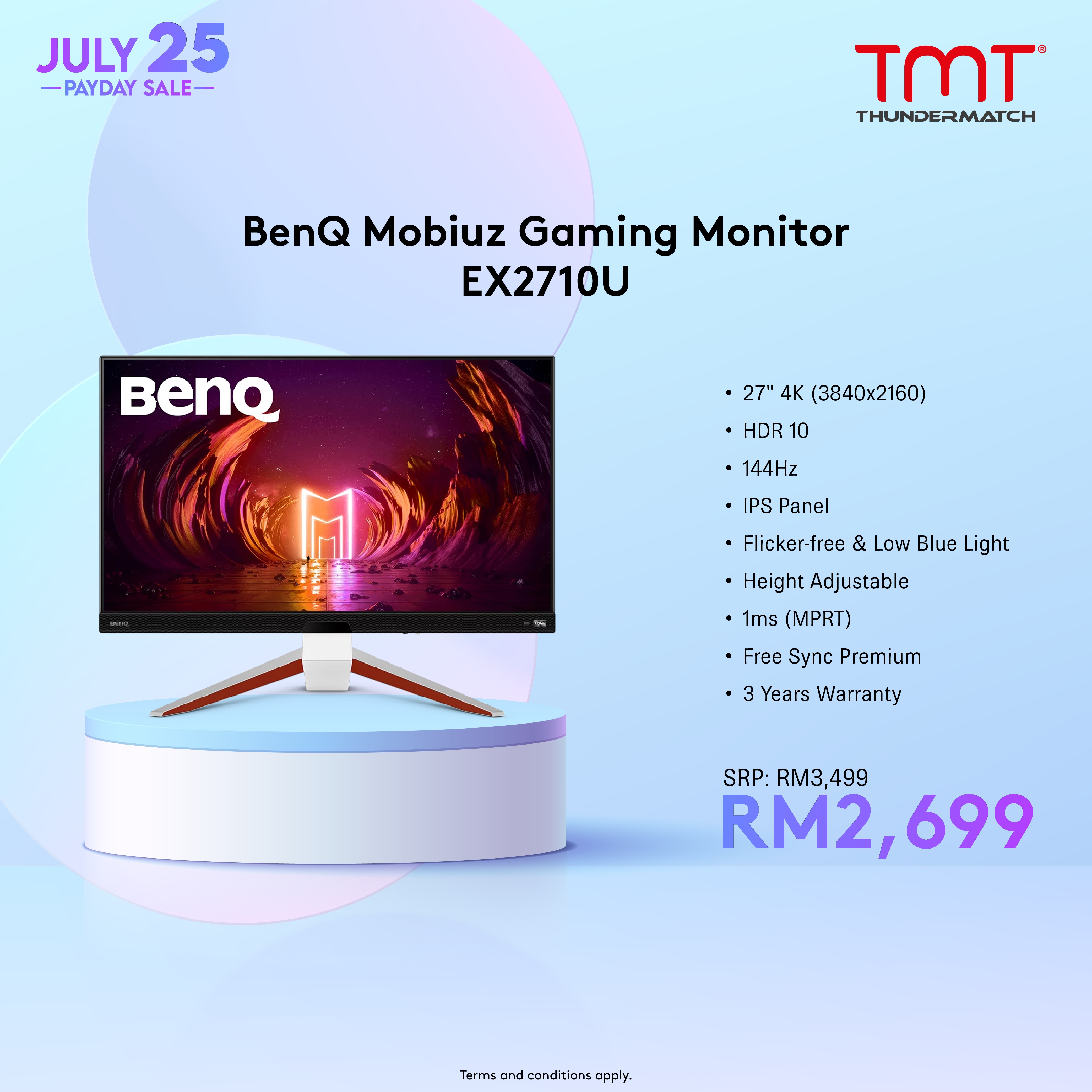 BenQ Mobiuz Gaming Monitor EX2710U | 27 " | 1ms(MPRT) | IPS Panel | 3840x2160 (4K)(144Hz) | HDR10 | DCI-P3 98% | HDMI & DP & USB | Flicker-free & Low Blue Light | Height Adjustable | Free Sync Premium | Vesa 100x100 | 3Y Warranty