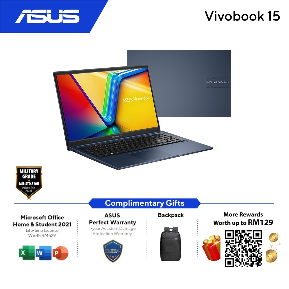 Asus VivoBook A1502Z-ABQ2141WS Laptop | i5-12500H | 16GB RAM 512GB SSD | 15.6''FHD | MS Office H&S 2021 | Win11 | 2Y Warranty