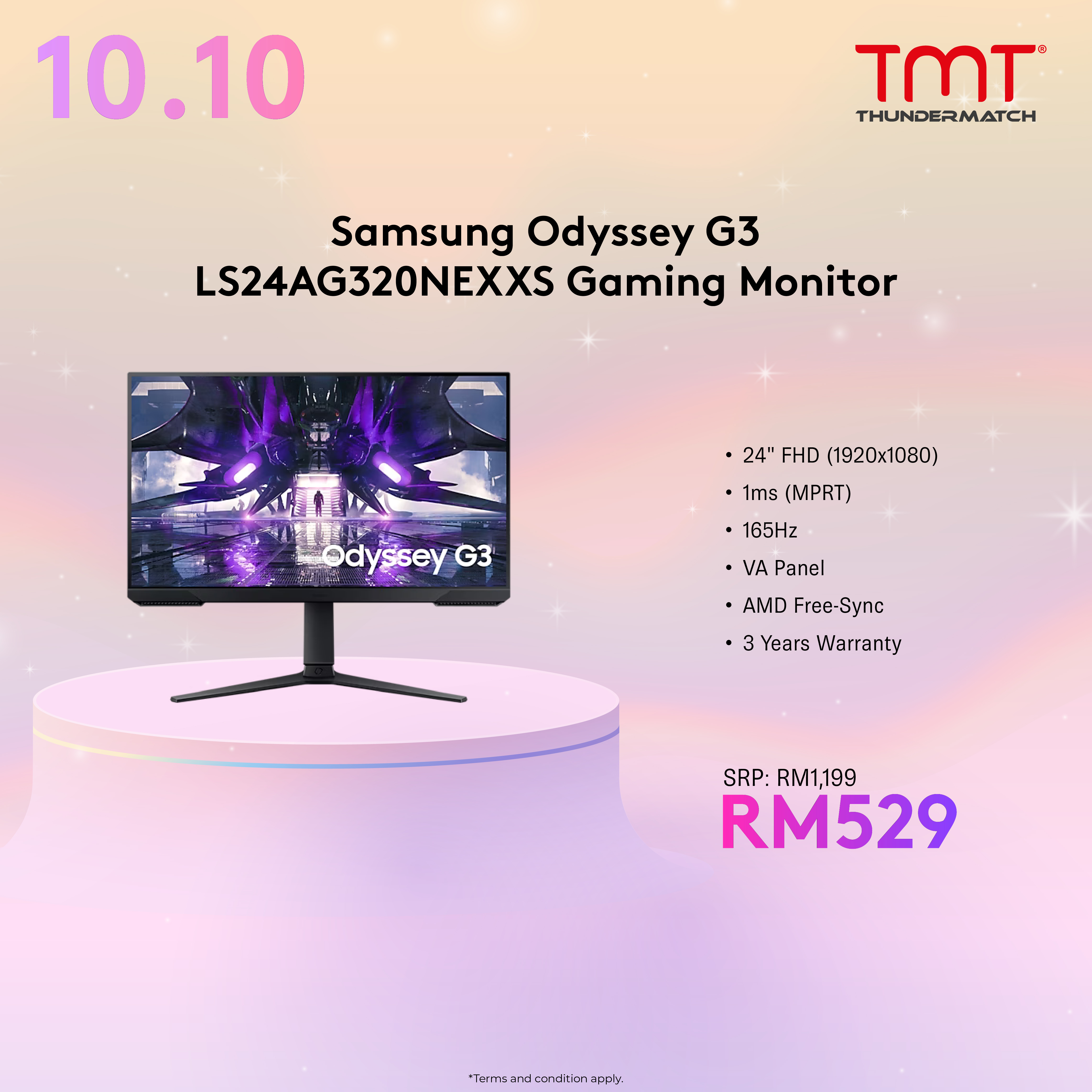 Samsung Odyssey G3 Gaming Monitor | LS24AG320NEXXS 24" / LS27AG320NEXXS 27" / LS32AG320NEXXS 32" | 1ms FHD/165Hz | HDMI/DP/VA Panel | HA Stand,Tilt,Swivel,Pivot/Flicker Free/AMD Free-Sync/VESA(100x100) | 3 Years Warranty