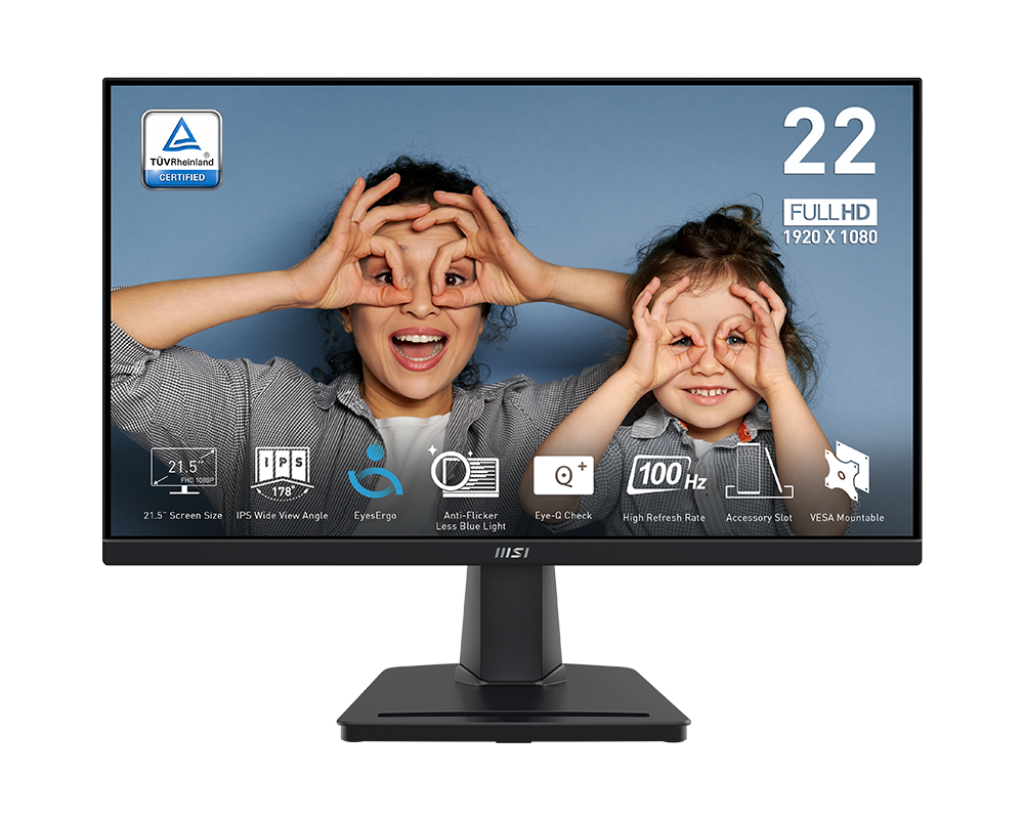 MSI PRO MP225 21.5" Monitor | 1ms (MPRT) | 100Hz | IPS Panel | 1920x1080 FHD | Flat | VESA | HDMI & VGA | 99% sRGB | 3Y Warranty