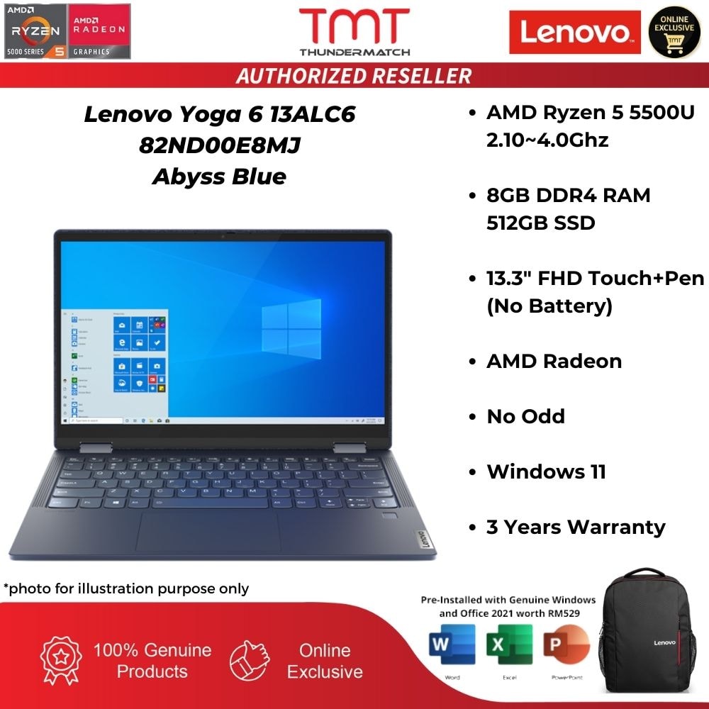 Lenovo Yoga 6 13ALC6 82ND00E8MJ Laptop | AMD Ryzen 5 5500U | 8GB RAM 512GB SSD | 13" FHD Touch | W11 | MS OFFICE+PEN+BAG