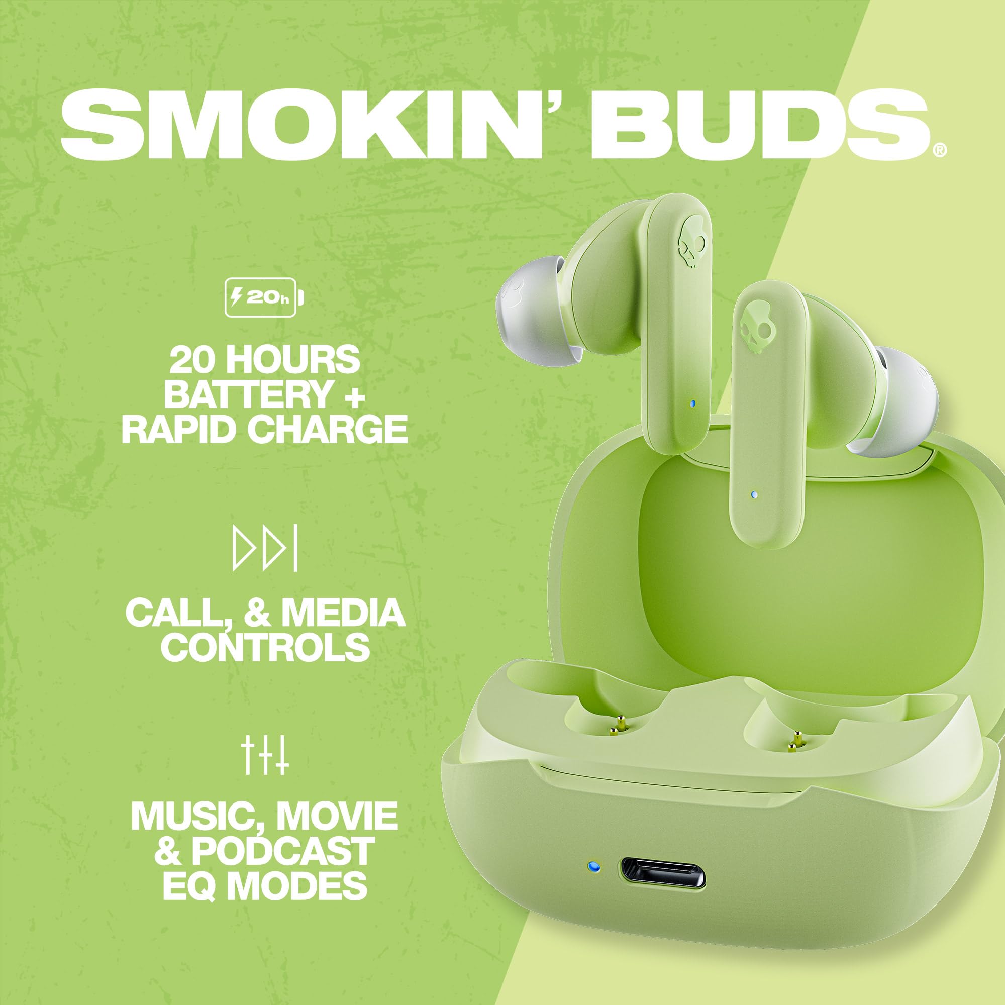 Skullcandy Smokin' Buds® True Wireless Earbuds (Matcha) | IPX4 Sweat and Water Resistant | up to 20 Hours Battery