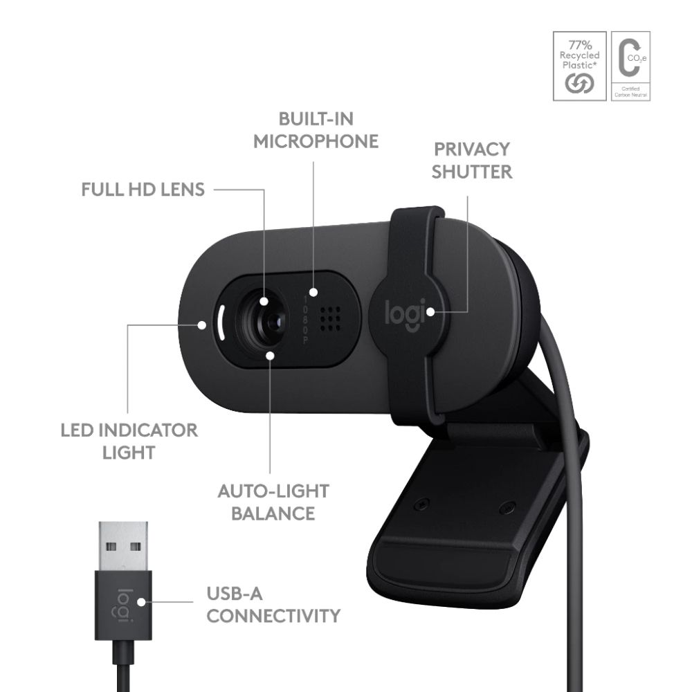 Logitech Brio 100 Full HD Webcam | Auto-Light Balance, Built-In Mic, Privacy Shutter, USB-A