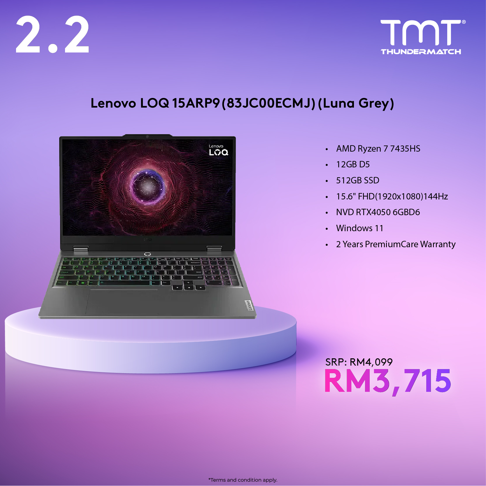 [New Unit Open Seal] Lenovo LOQ 15ARP9 Gaming Laptop (83JC00ECMJ) | AMD Ryzen 7 7435HS | NVD RTX4050