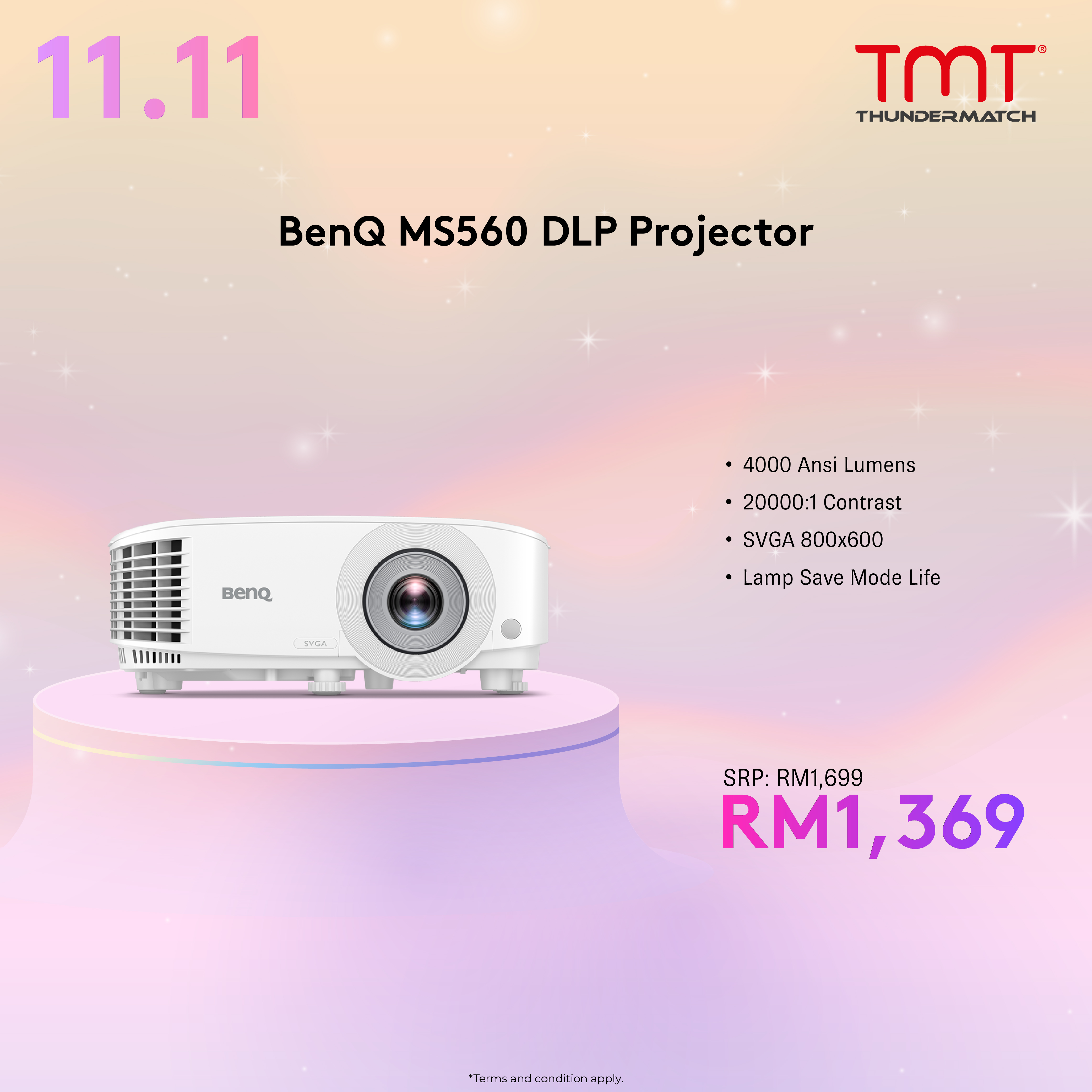 BenQ MS560 DLP Projector | 40000 Ansi Lumens | 20000:1 Contrast | SVGA 800x600 | lamp Save Mode Life 15000hrs | 2.3KG | VGA,HDMIx2,USB Type-A,USB Mini-B,Audio In & Out | Build In Speaker