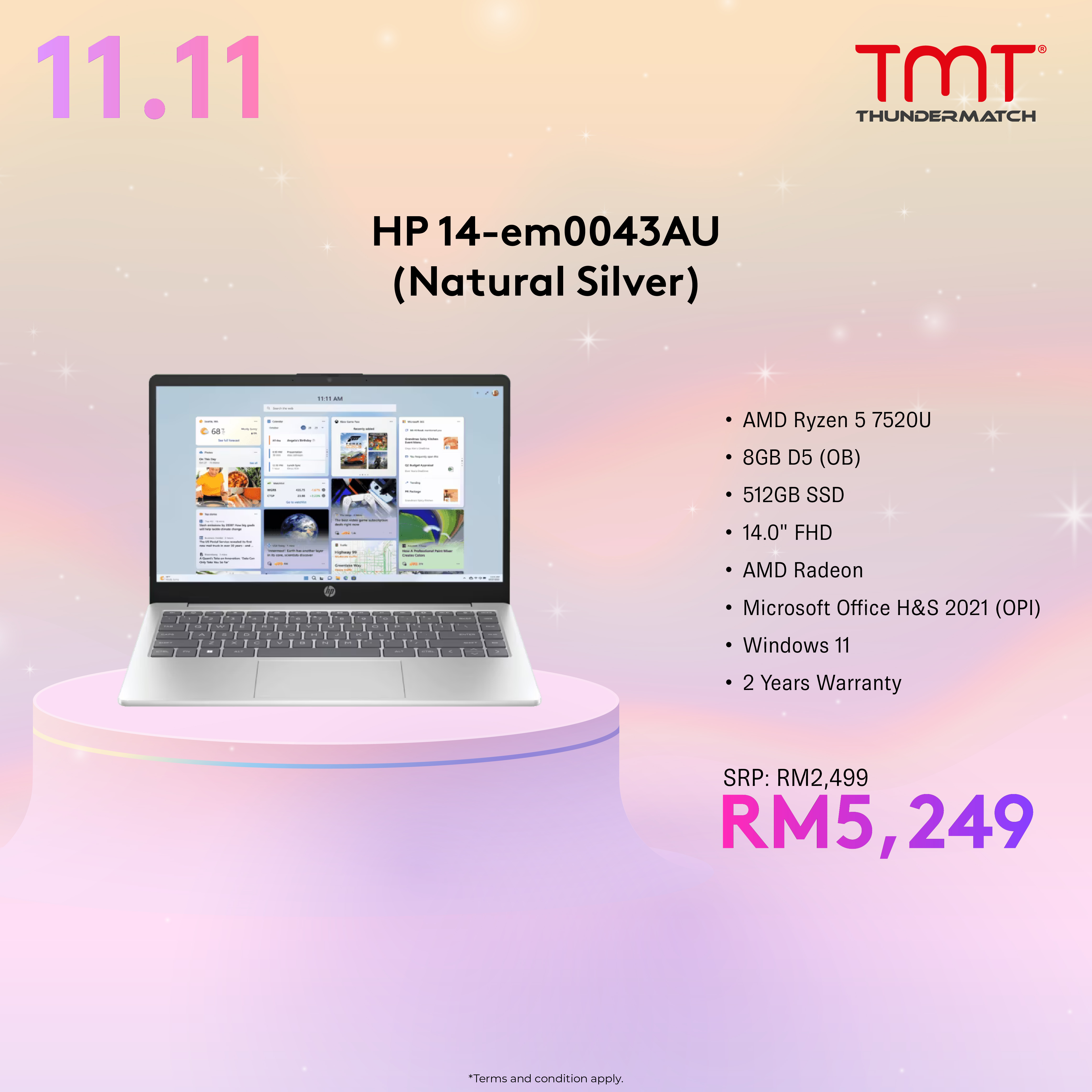 HP 14-EM0043AU/0044AU Laptop (Nature Silver/ Warm Gold) | AMD Ryzen 5 7520U | 8GB RAM 512GB SSD | 14.0" FHD(1920x1080) | AMD Radeon | MS Office H&S 2021 | Win11 | 2Y Warranty