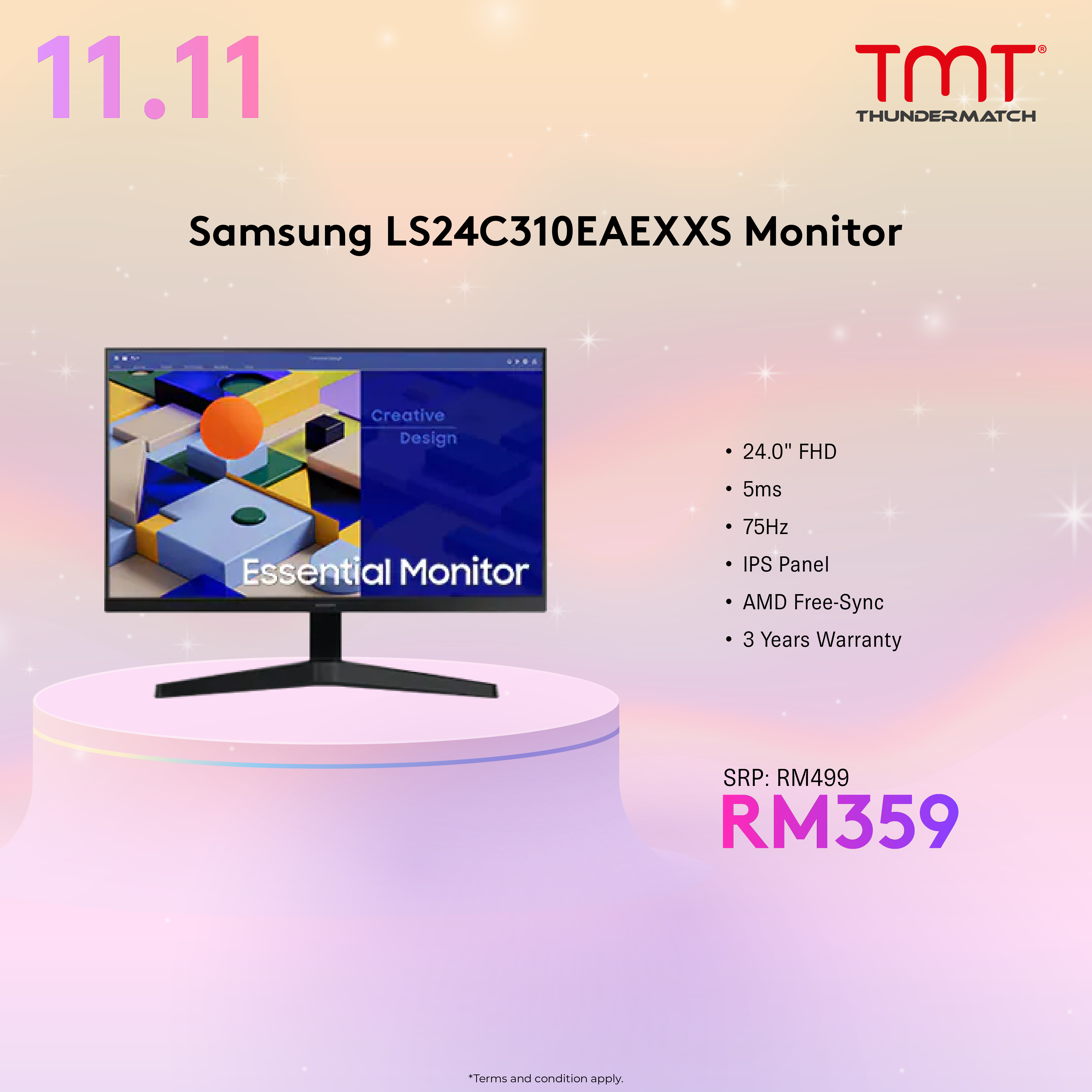 Samsung LS24C310EAEXXS 24" Monitor | 5ms | FHD | IPS Panel | 75Hz | HDMI & VGA | Flicker Free | AMD Free-Sync | 3Y Warranty