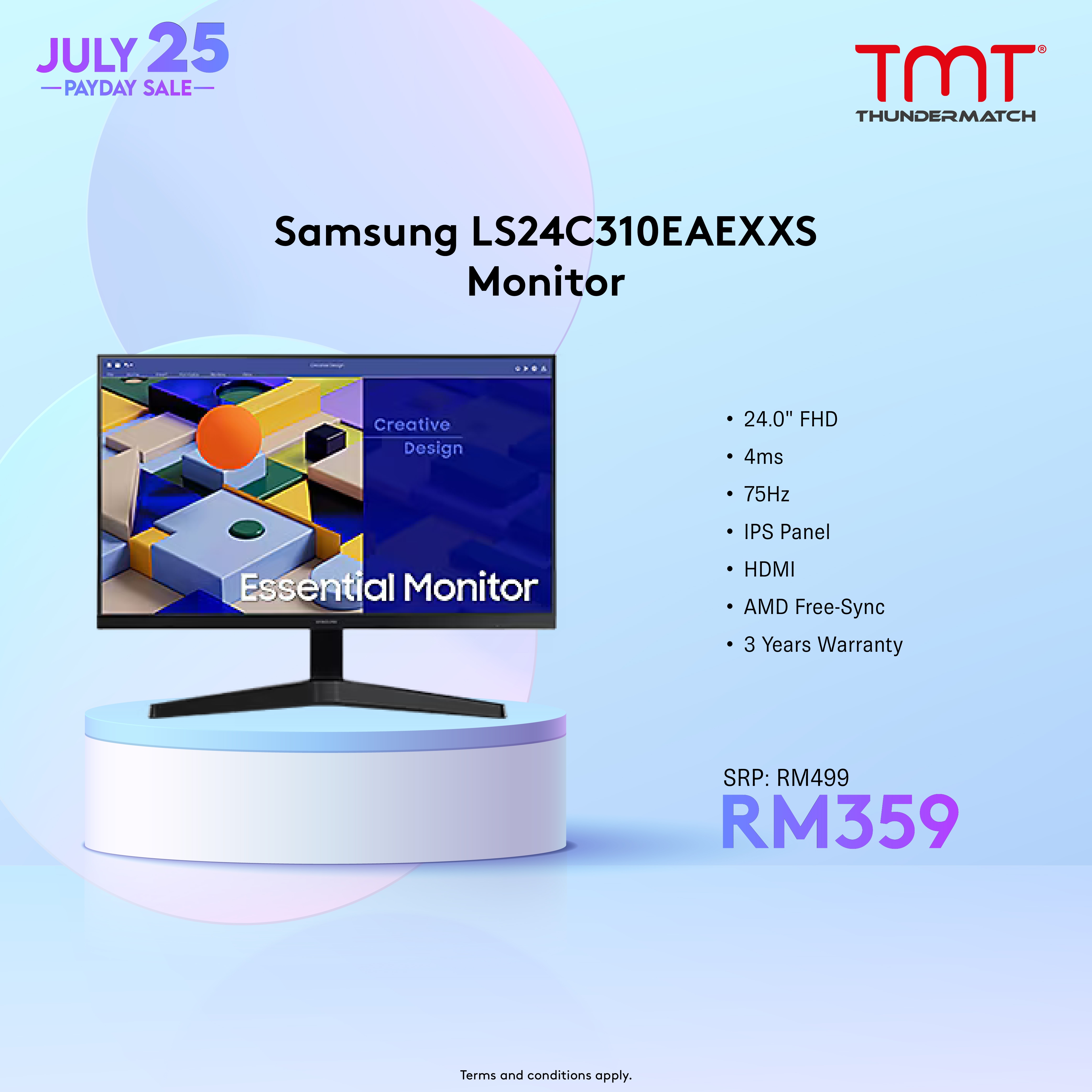 Samsung LS24C310EAEXXS 24" Monitor | 5ms | FHD | IPS Panel | 75Hz | HDMI & VGA | Flicker Free | AMD Free-Sync | 3Y Warranty