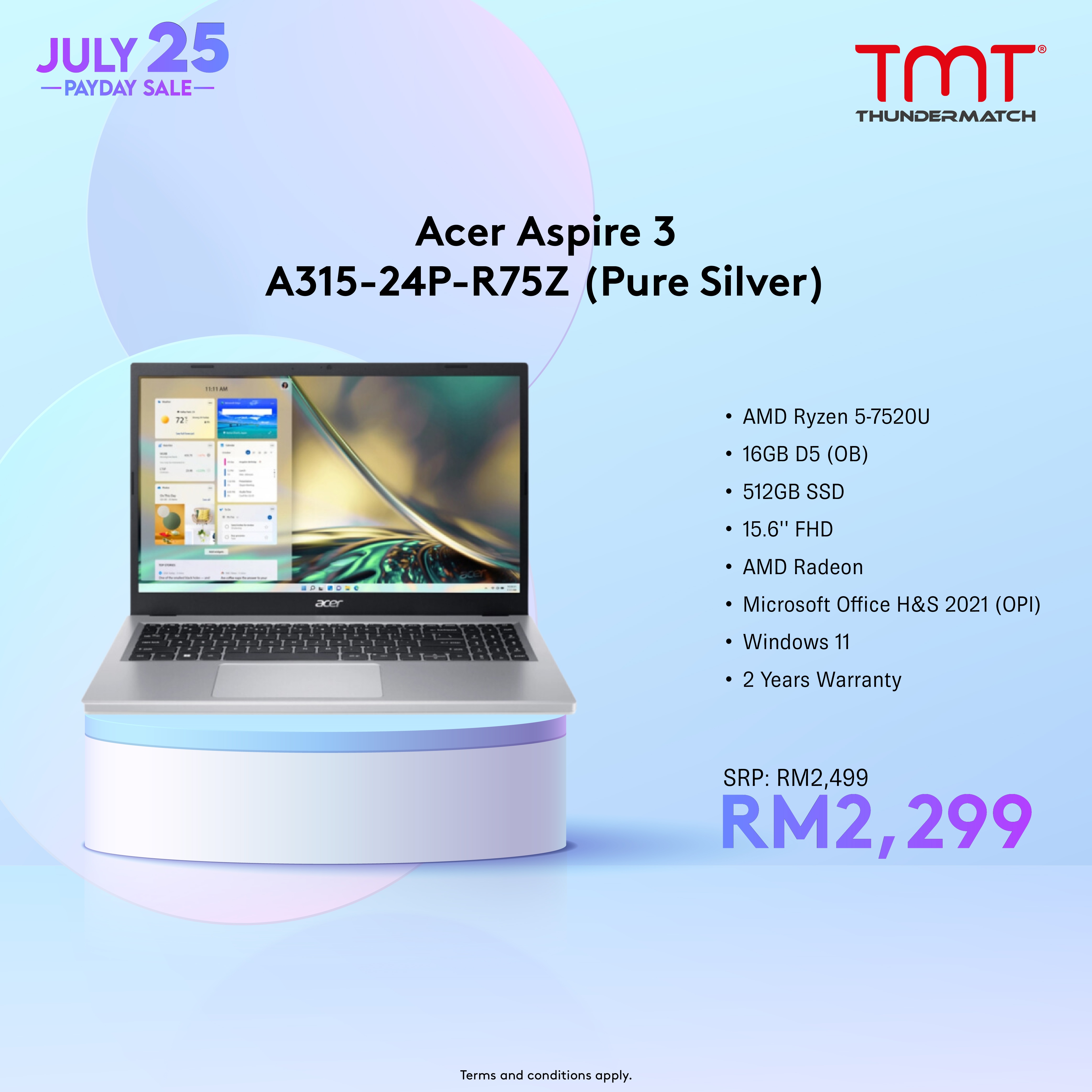 Acer Aspire 3 A315-24P-R75Z Laptop | AMD Ryzen 5-7520U | 16GB RAM 512GB SSD | 15.6''FHD | AMD Radeon |MS Office H&S 2021 | Win11 | 2Y Warranty