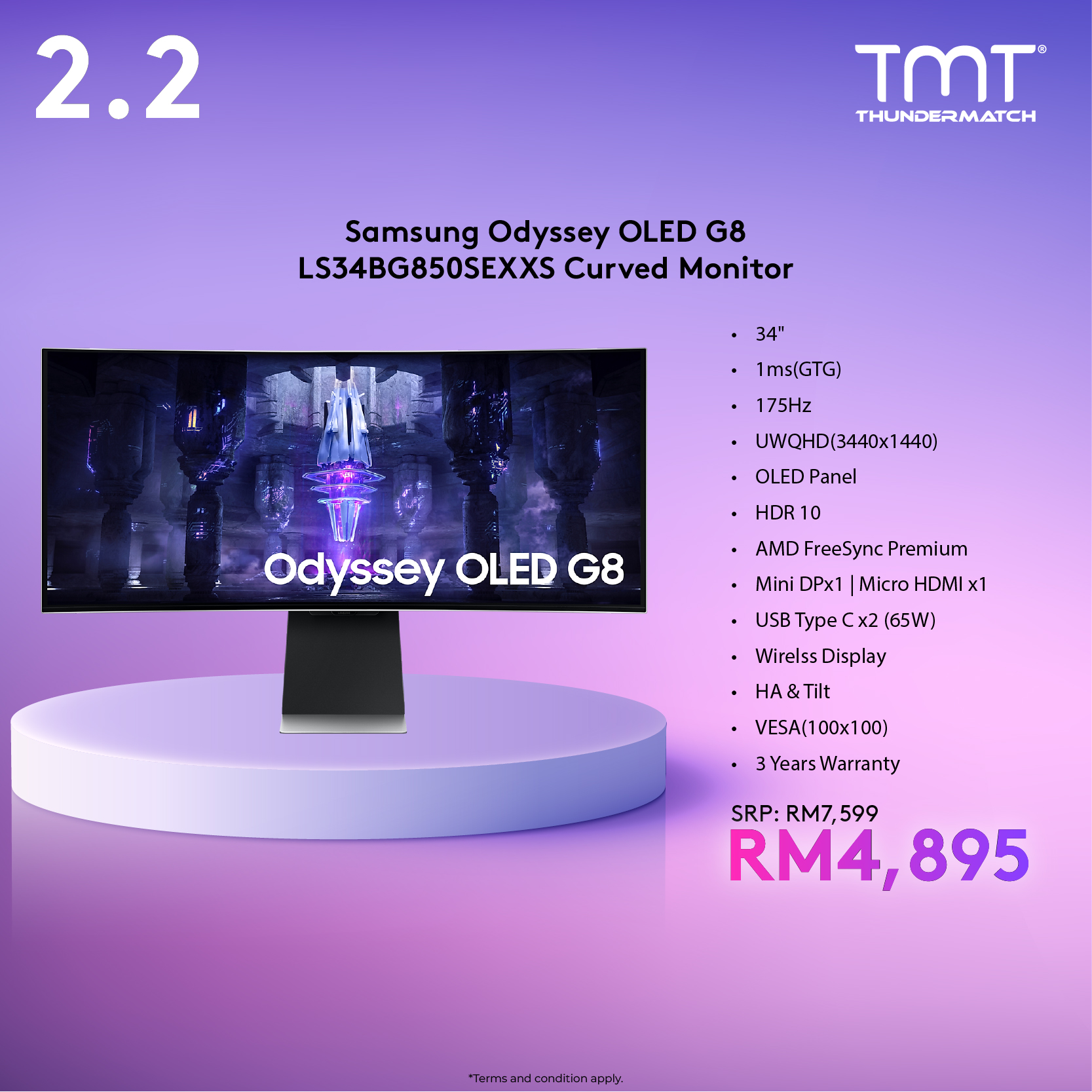 Samsung Odyssey OLED G8 LS34BG850SEXXS 34" Curved Monitor | 1ms(GTG) | 175Hz | UWQHD(3440x1440) | OLED Panel | HDR 10 | AMD FreeSync Premium | Mini DP & Micro HDMI & USB Type C (65W) | Speaker | HA & Tilt | VESA(100x100) | 3Y Warranty