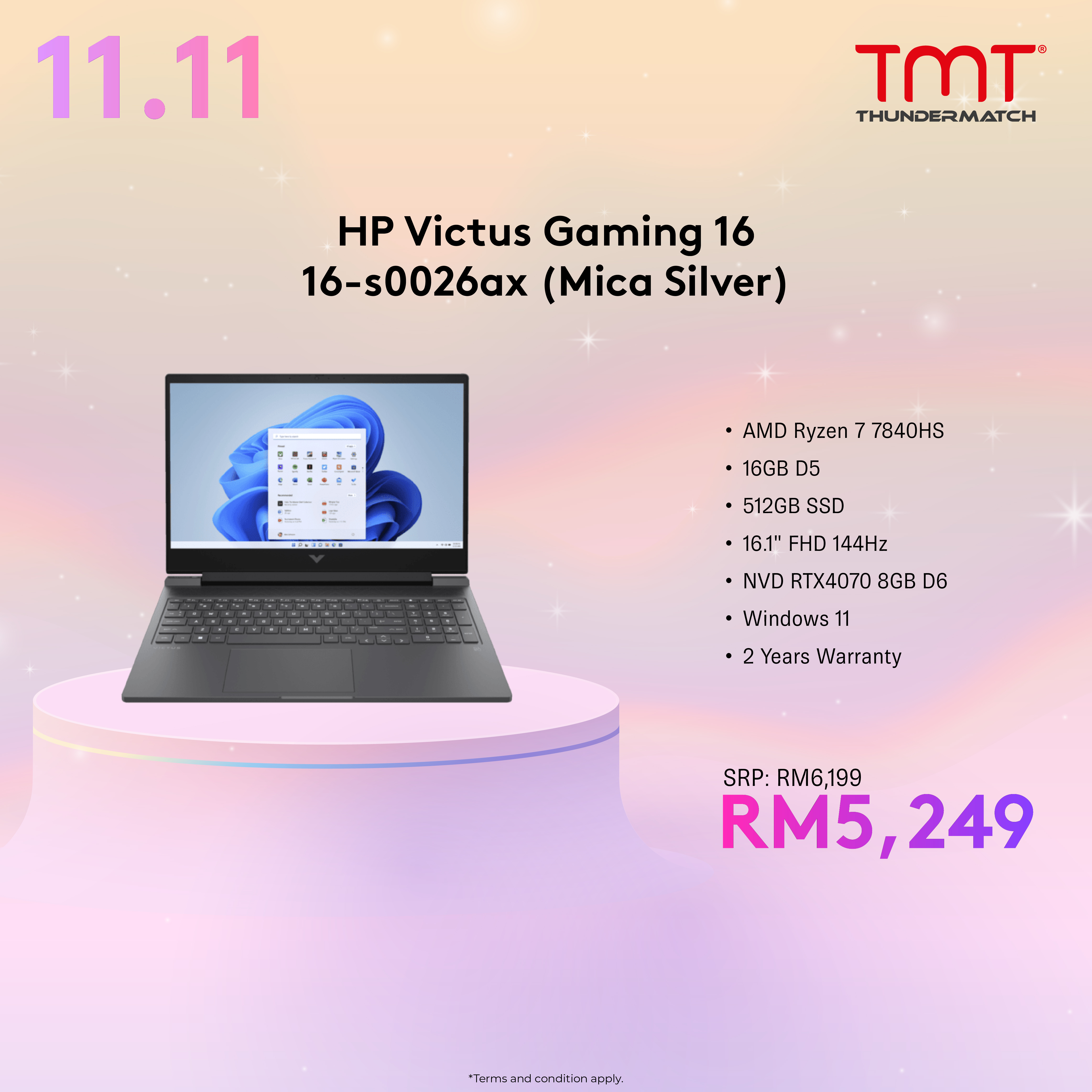 HP Victus Gaming 16-s0026ax/0027ax/0028ax Gaming Laptop (Mica Silver/Ceramic White/Performance Blue) | Ryzen 7 7840hs | 16GB RAM 512GB SSD | 16.1" FHD (144Hz) | RTX4070 8GB | Win11 | 2Y Warranty