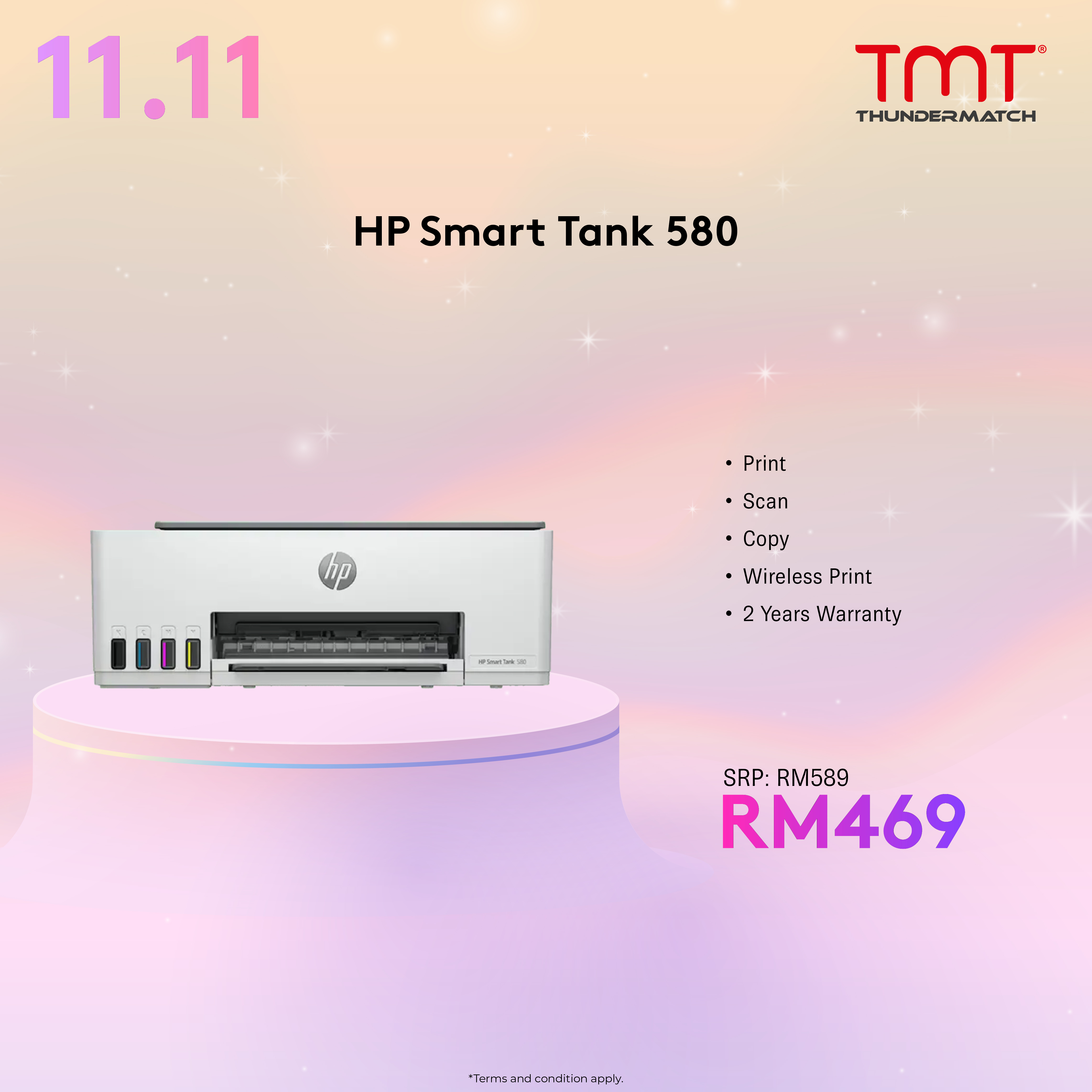 HP Smart Tank 580 | Print/Scan/Copy | Wireless Print | 12ppm(BK) & 5ppm(CLR) | 1200x1200 dpi | 2Y Onsite Warranty