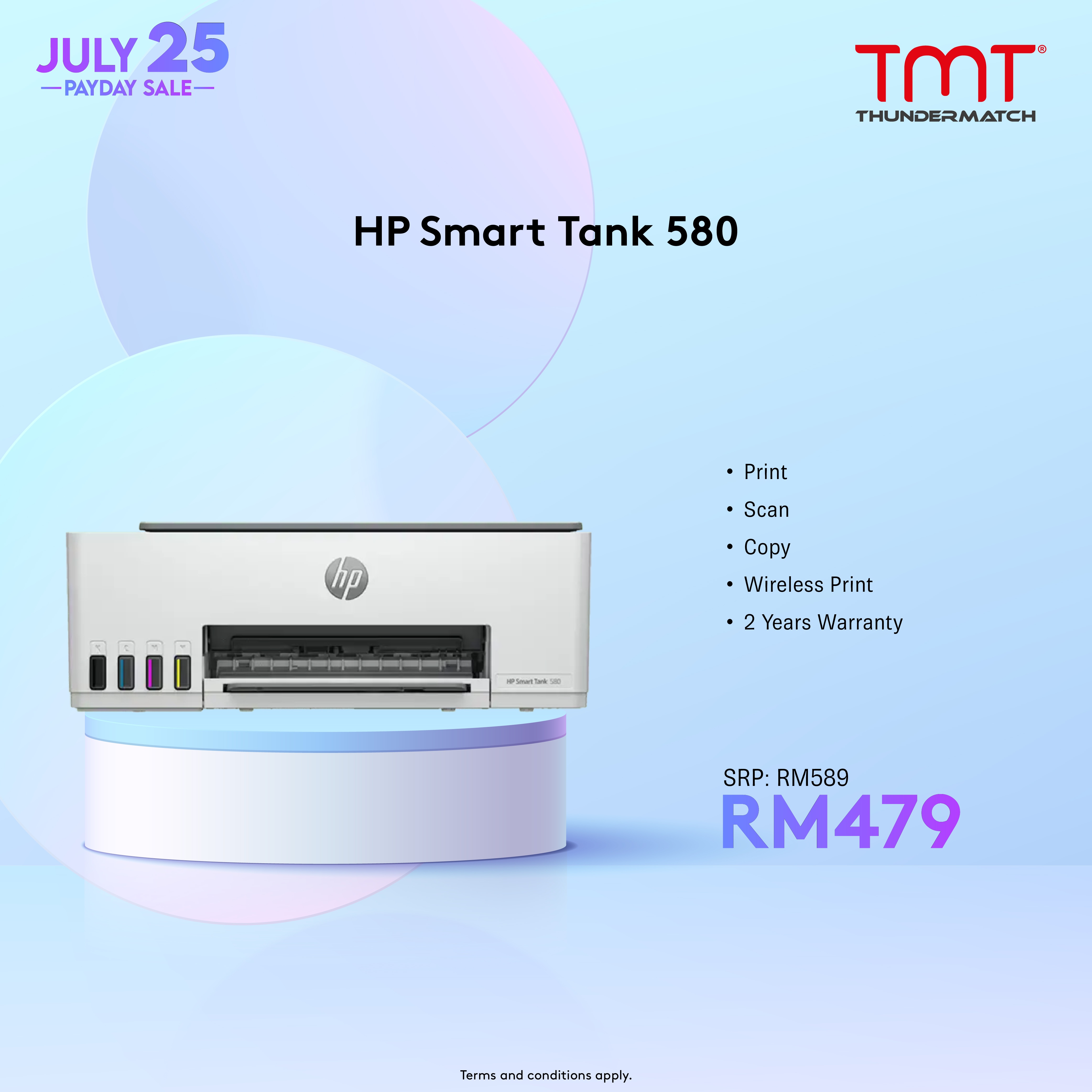 HP Smart Tank 580 | Print/Scan/Copy | Wireless Print | 12ppm(BK) & 5ppm(CLR) | 1200x1200 dpi | 2Y Onsite Warranty